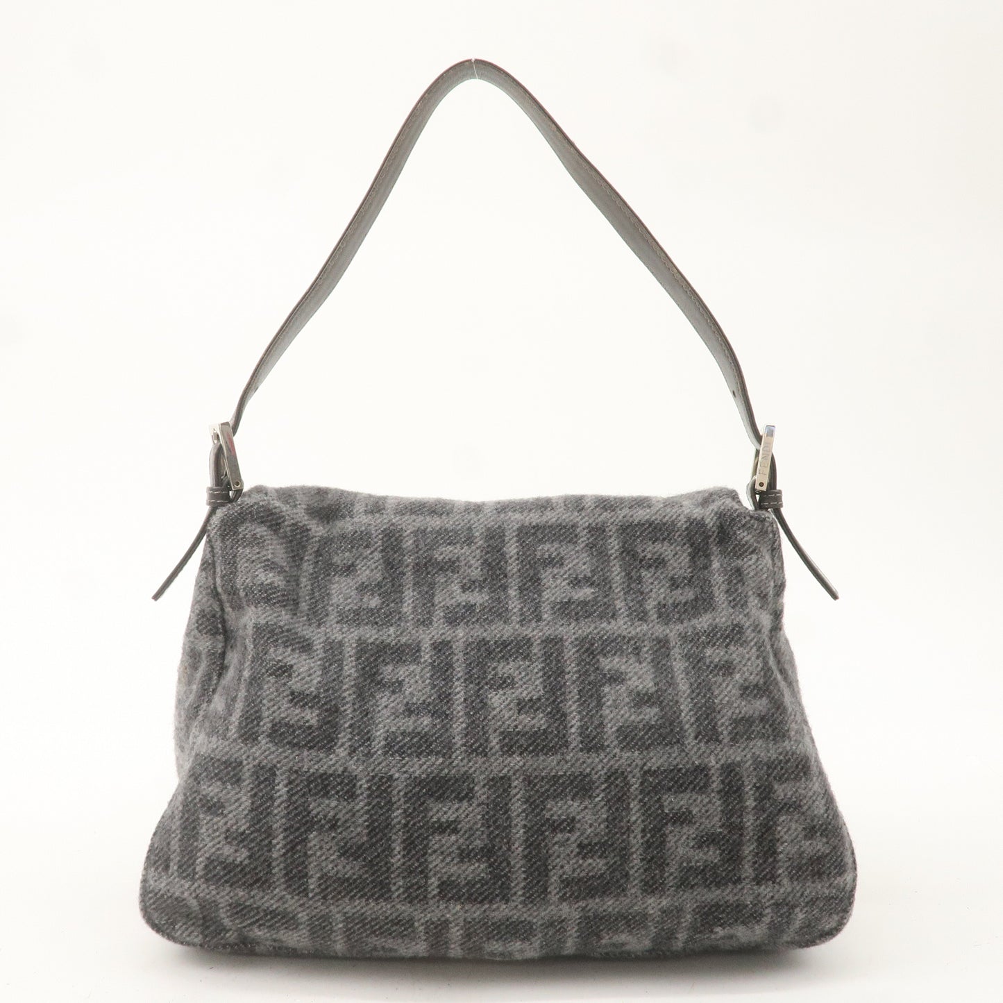 FENDI Zucca Mamma Baguette Wool Leather Shoulder Bag Gray 26325