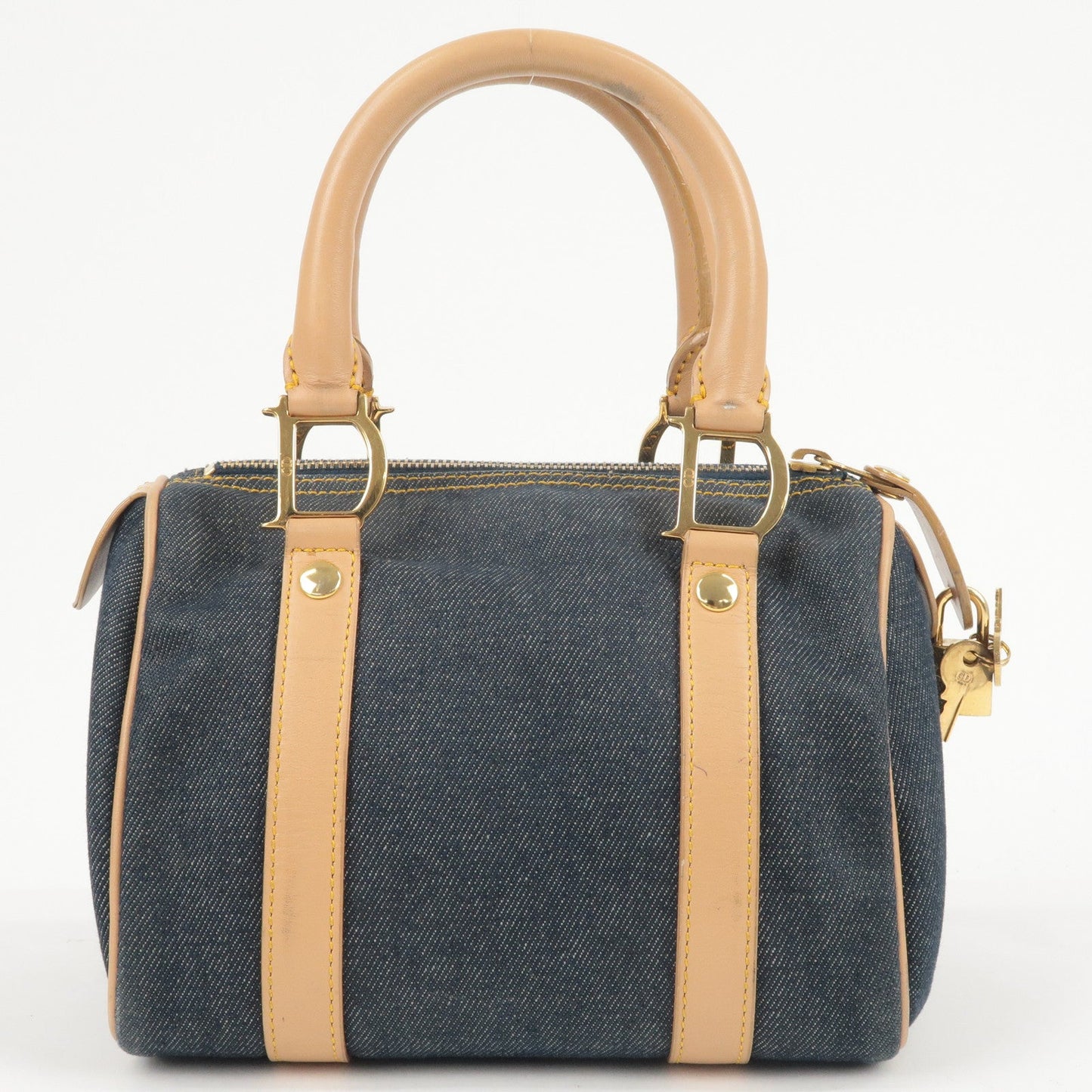 Christian Dior Denim Leather Small Boston Bag Navy Beige