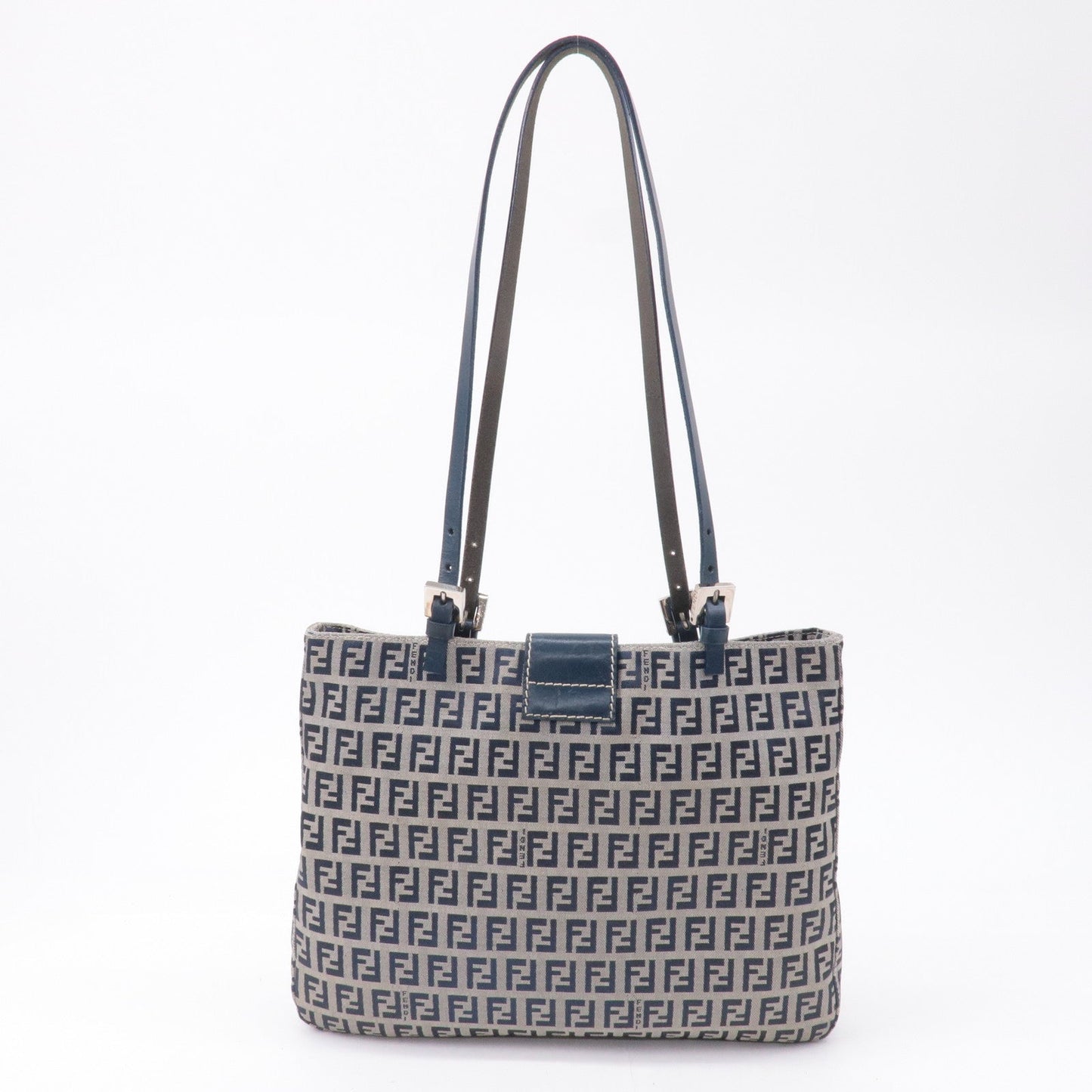 FENDI Zucchino Canvas Leather Tote Bag Beige Navy 26726