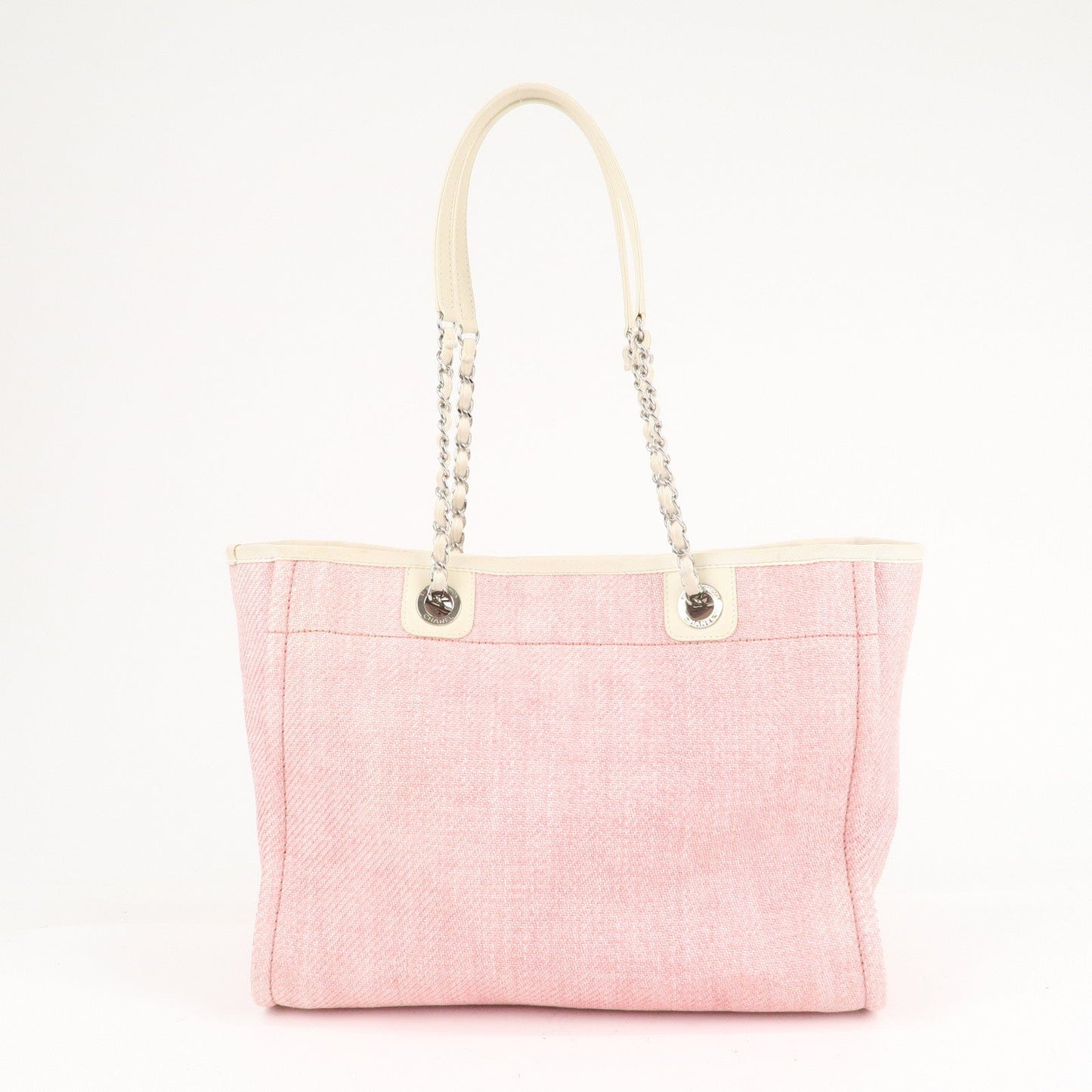 Chanel Deauville MM Straw Leather Chain Tote Bag Pink A67001