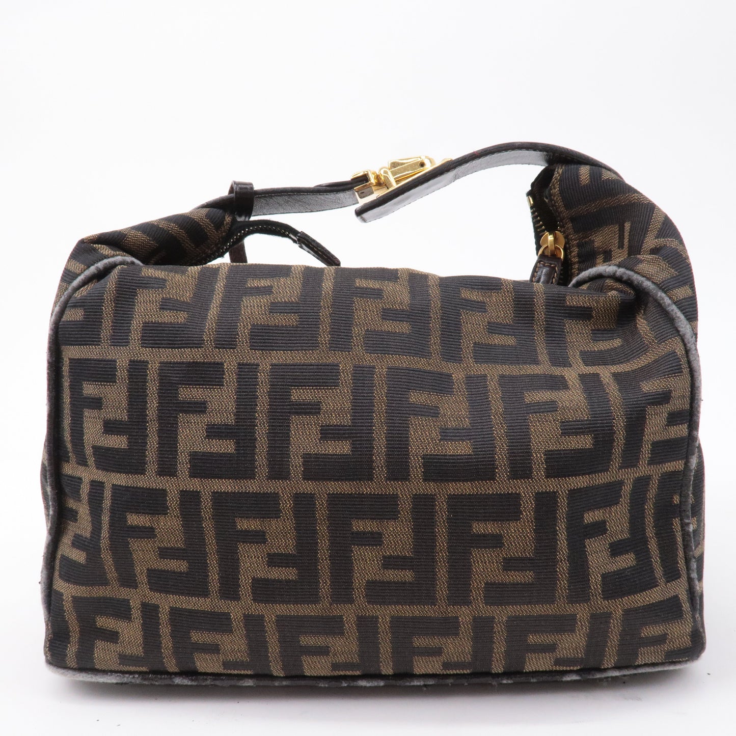 FENDI Zucca Canvas Leather Hand Bag Brown Khaki Black