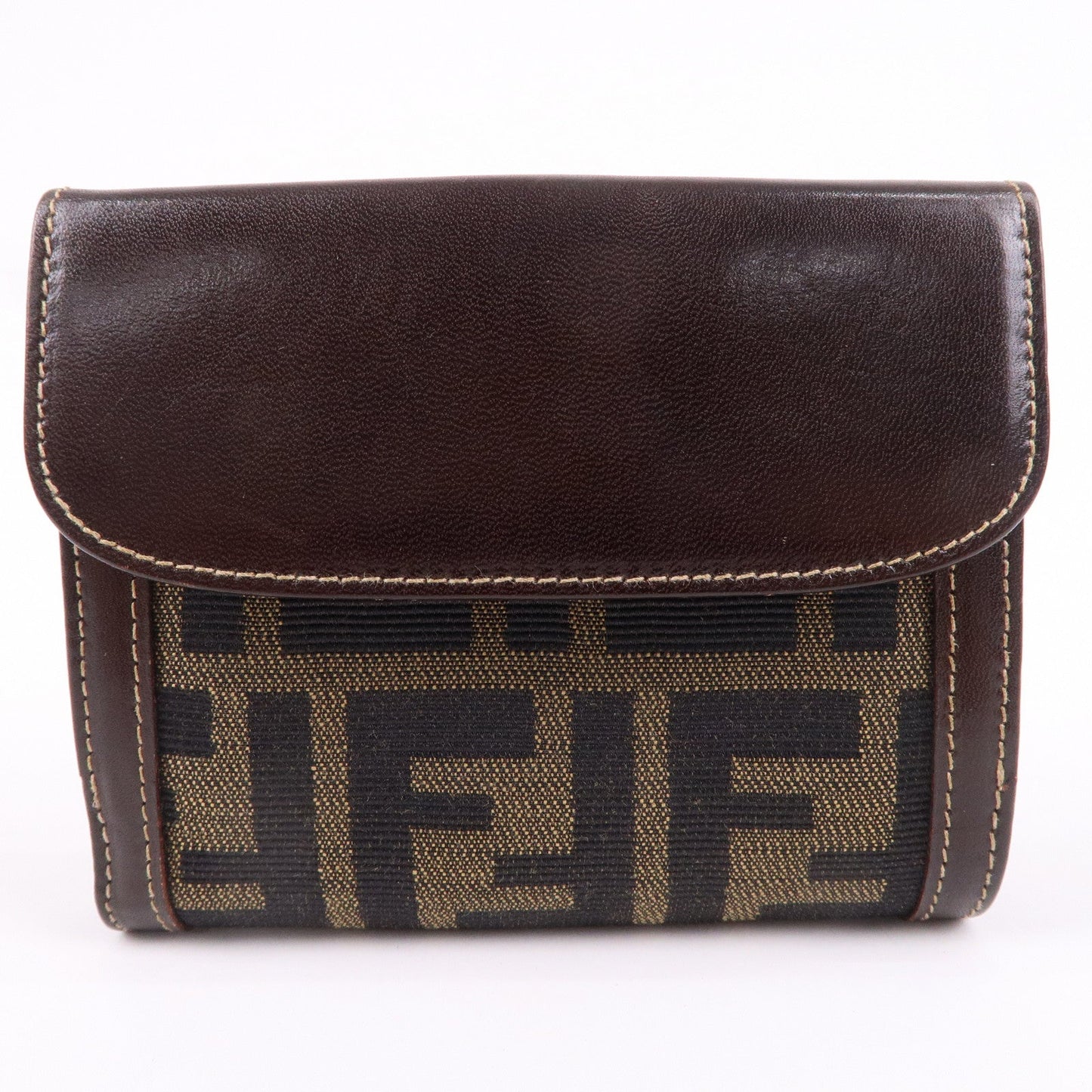 FENDI Zucca Canvas Leather Double Hook Wallet Brown Black 12671