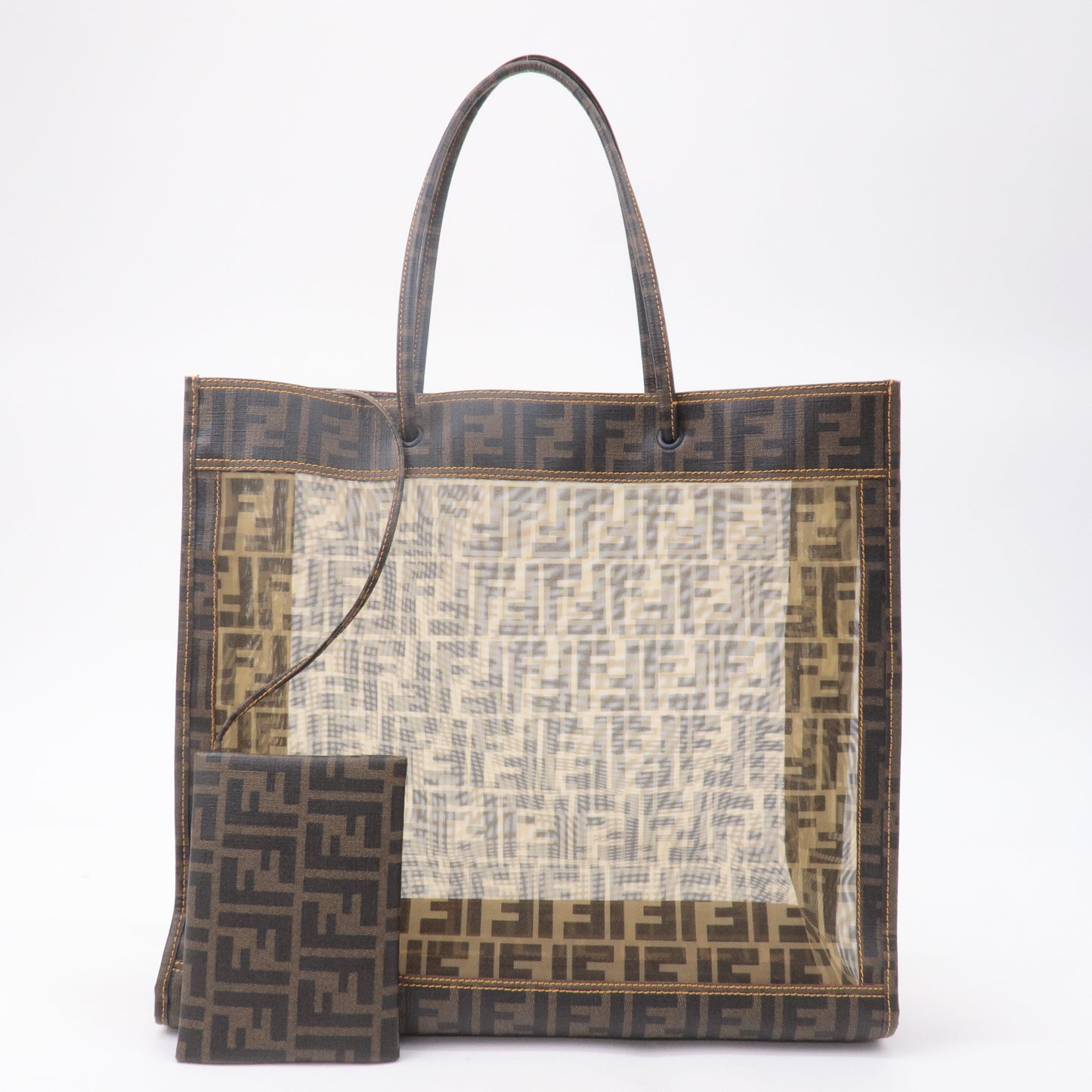 FENDI Zucca Mesh PVC Tote Bag Khaki Black Brown 8BH184