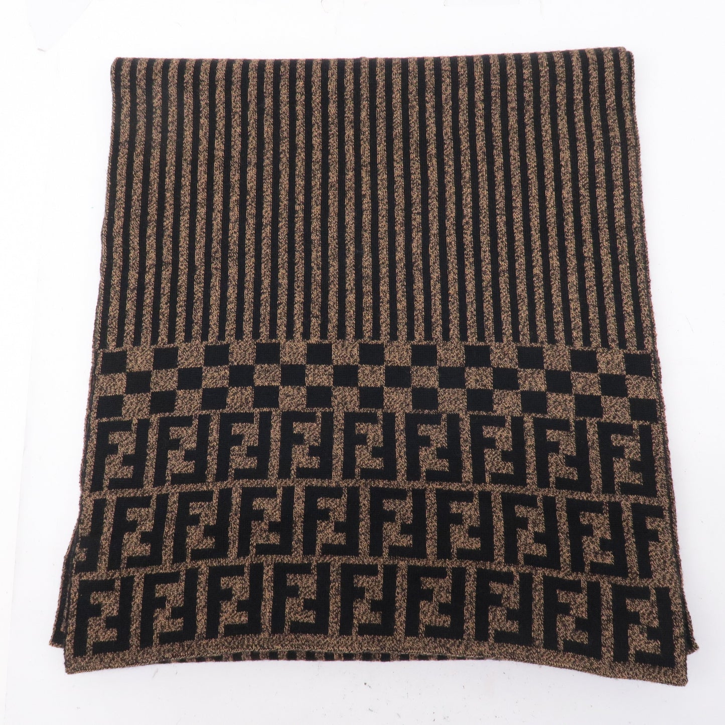 FENDI Zucca Pequin Print 100% Wool Knit Scarf Brown Black