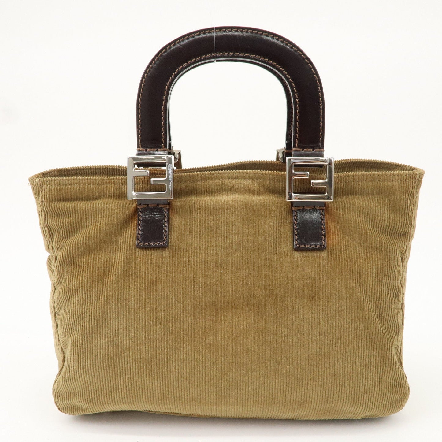 FENDI Corduroy Leather Hand Bag Tote Bag Brown 26693