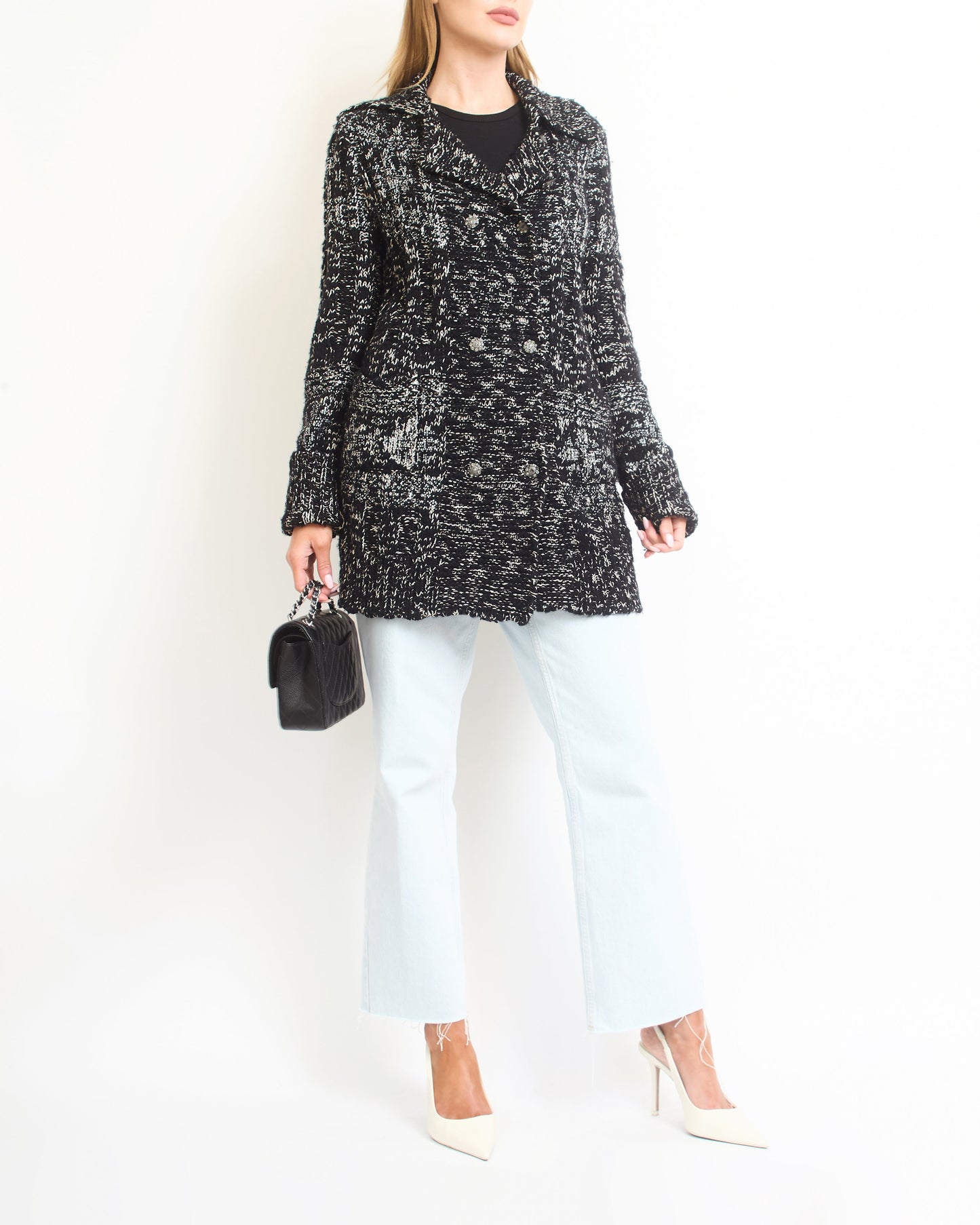 Chanel Black Wool Cashmere Long igan with Crystal Embellishments and Crystal Buttons Size FR 36 (UK 8)