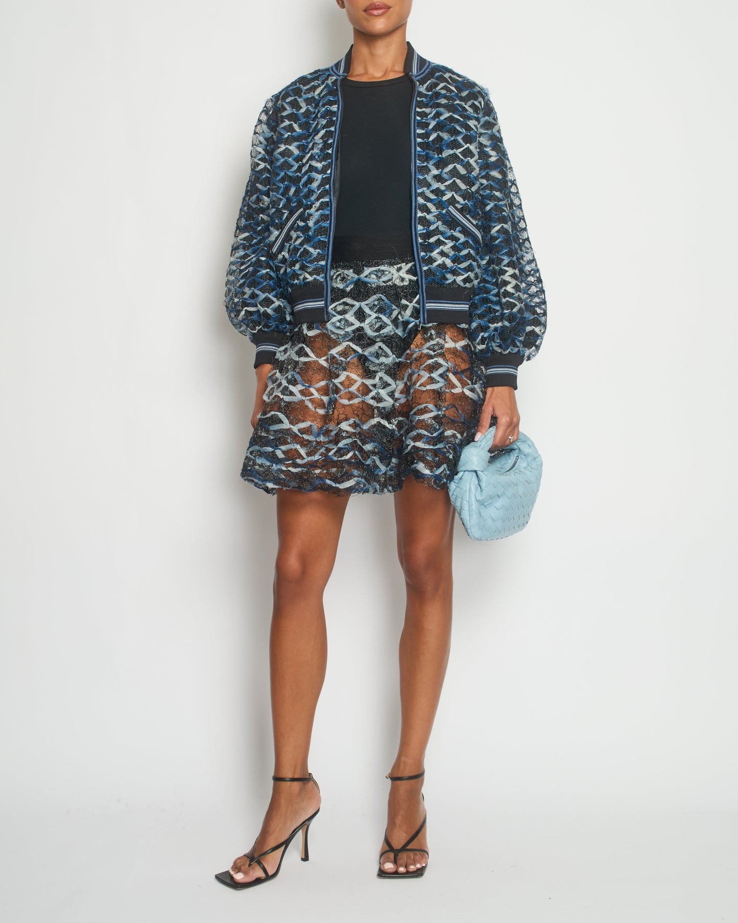 Chanel 18S Black, White and Blue Fishnet Mini Skirt and Jacket Set Size FR 34 (UK 6) RRP ¬£6,850