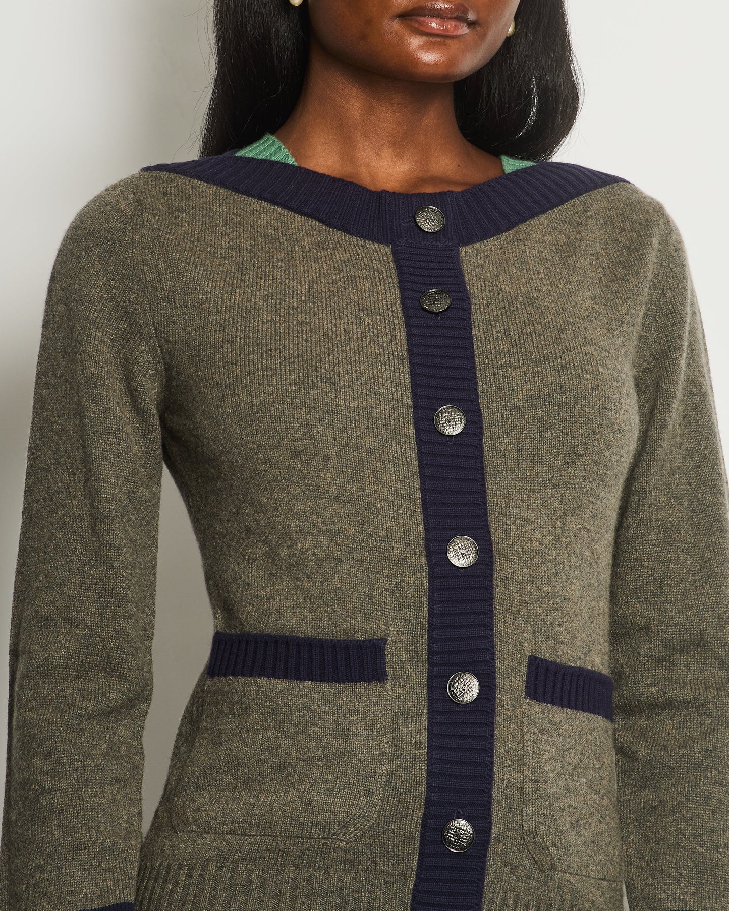 Chanel Grey, Green Button Down Cardigan Green Sleeve Detail and CC Button Detail Size FR 34 (UK 6)