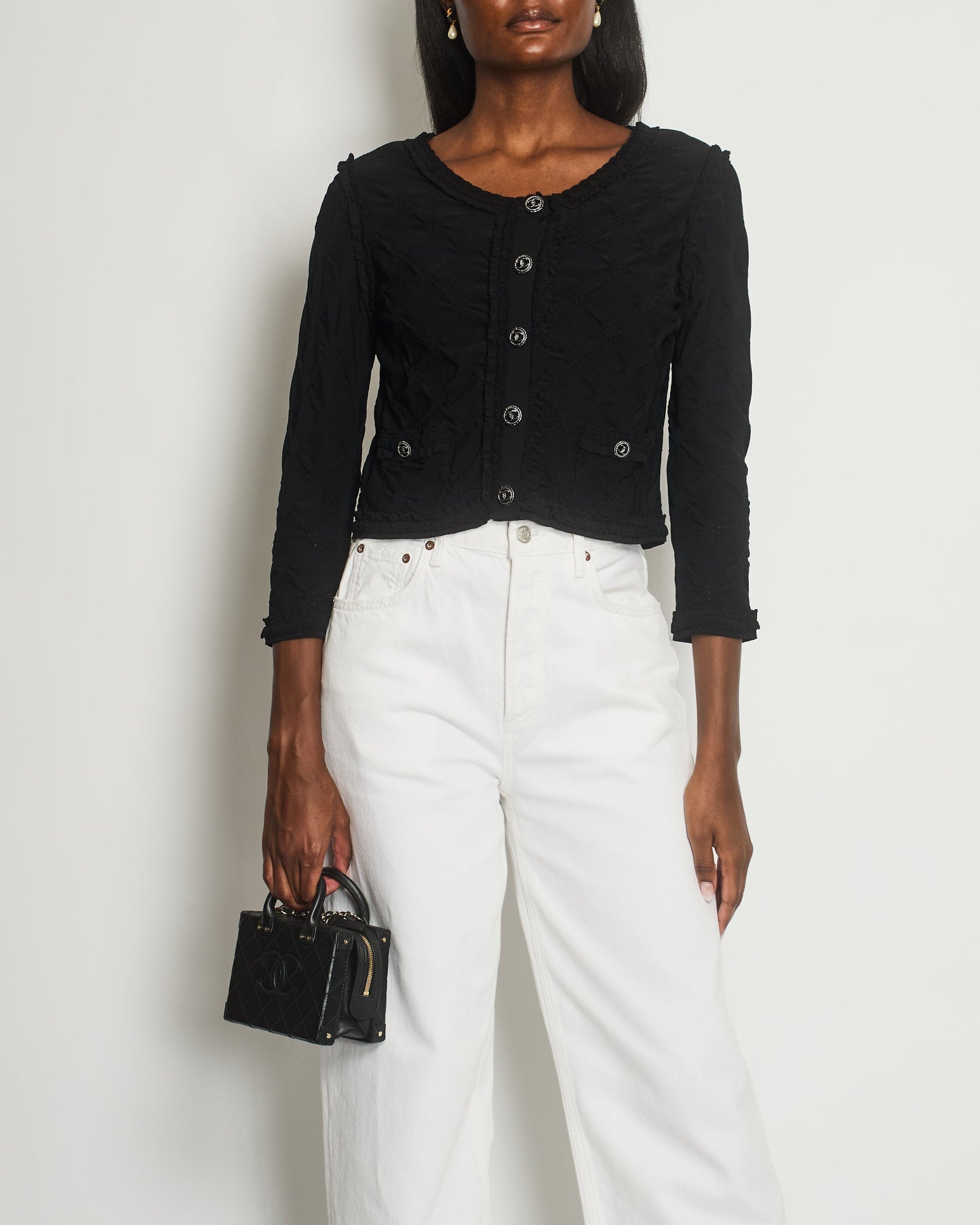 *HOT* Chanel Black Stretch-Jersey igan with Ruthenium CC Buttons Detail Size FR 40 (UK 12)