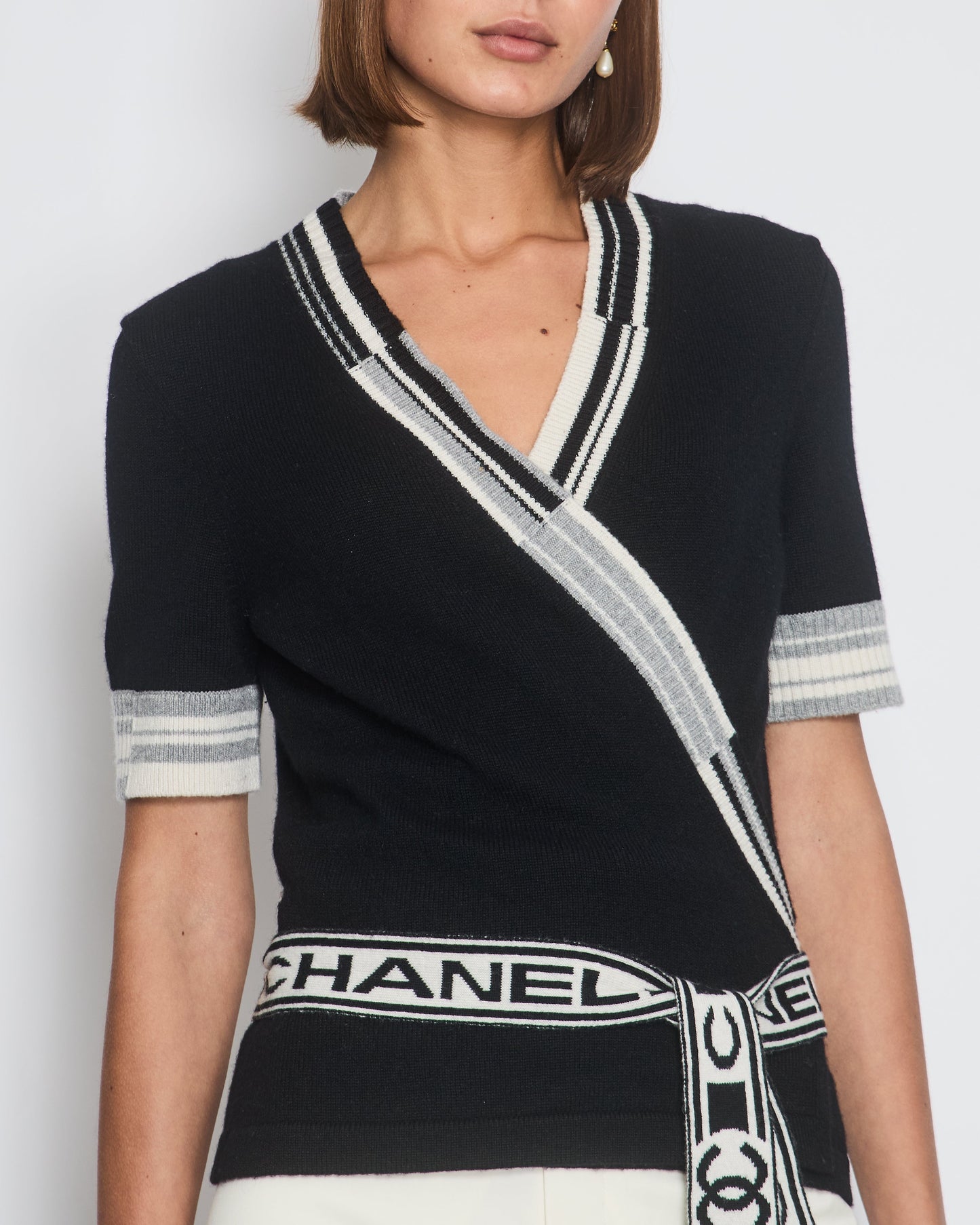 Chanel 2020 Black V-Neck Short Sleeve Wrap igan with Logo Detail Size FR 38 (UK 10)