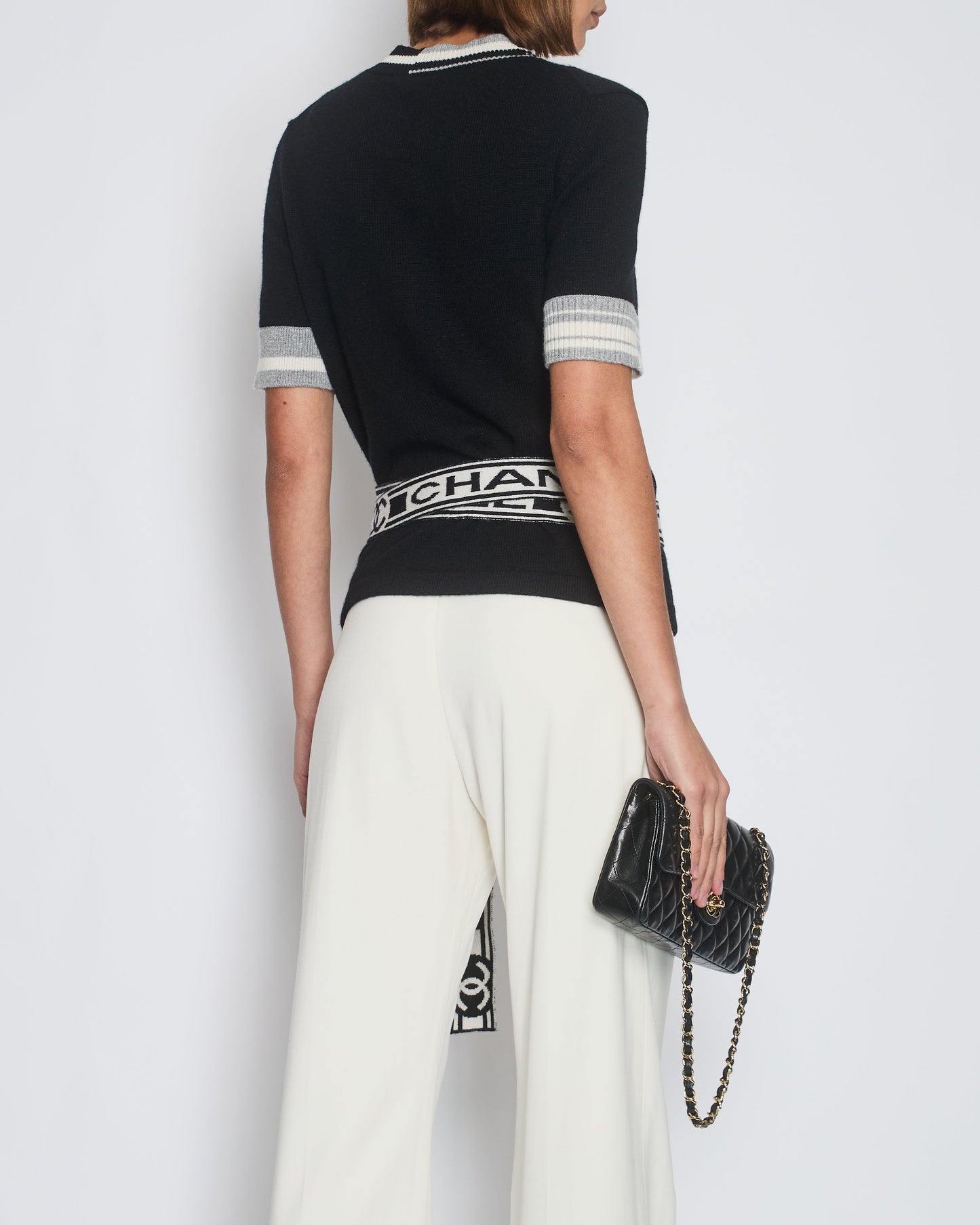 Chanel 2020 Black V-Neck Short Sleeve Wrap igan with Logo Detail Size FR 38 (UK 10)