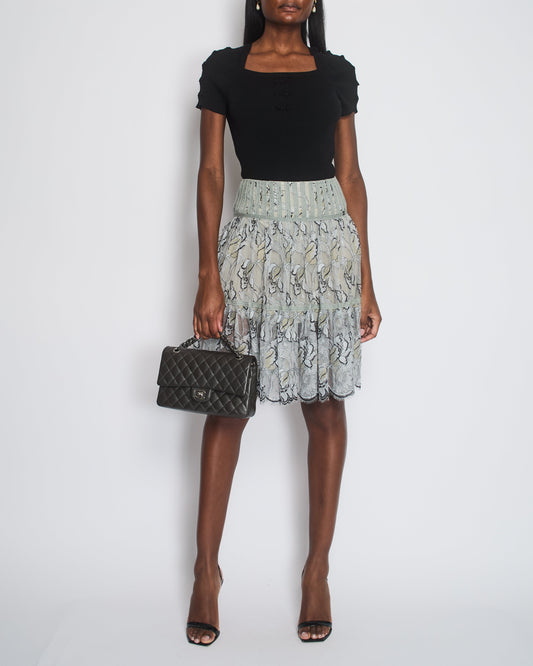 Chanel Grey Pleated Lace Midi Skirt with Flower Detail Size FR 38 (UK 10)