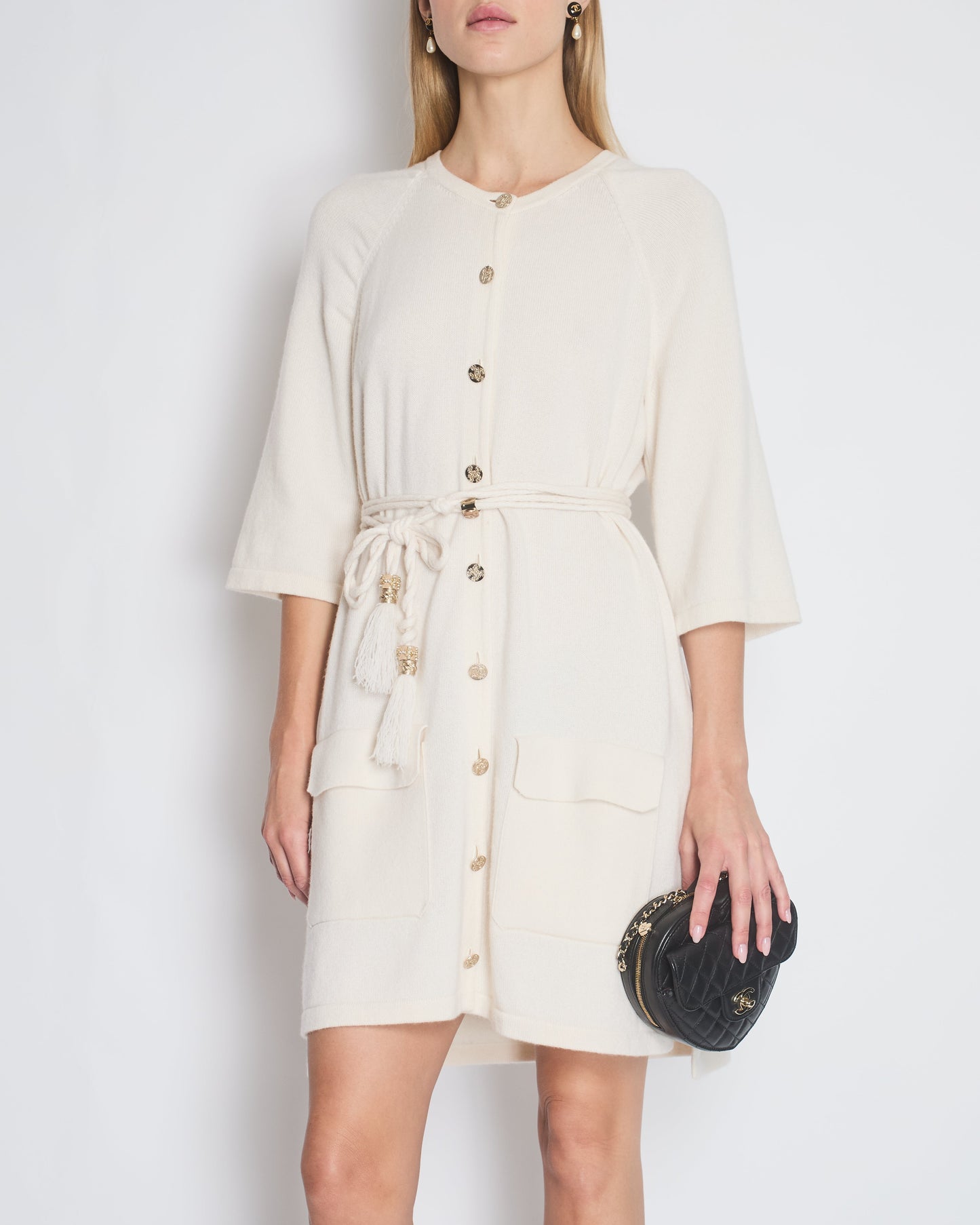 Chanel Cream Long Line Round Neck igan with Belt and Pocket Detail Size FR 46 (UK 18)