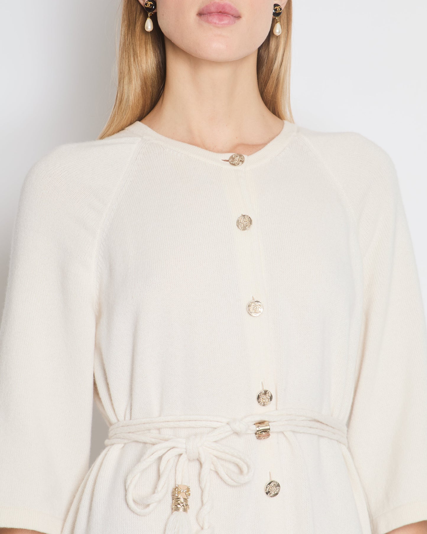 Chanel Cream Long Line Round Neck igan with Belt and Pocket Detail Size FR 46 (UK 18)