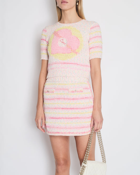 *RUNWAY* Chanel 24C Resort Pink & Yellow Multi-colour Jumper and Skirt Set with Cupid Heart "Coco" Detail Top Size FR 34 (UK 6) Skirt Size FR 36 (UK 8)
