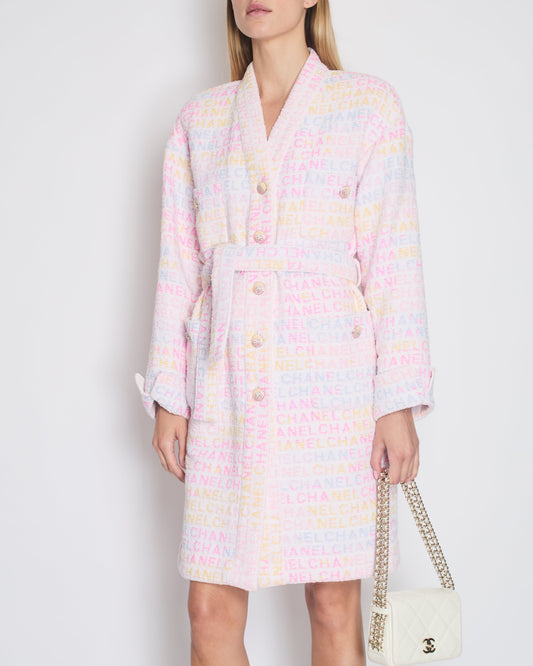*SUPER HOT* Chanel Resort 2024 Pink & White Robe Coat with Belt & Multi-Coloured Chanel Logo Details Size FR 36 (UK 8)