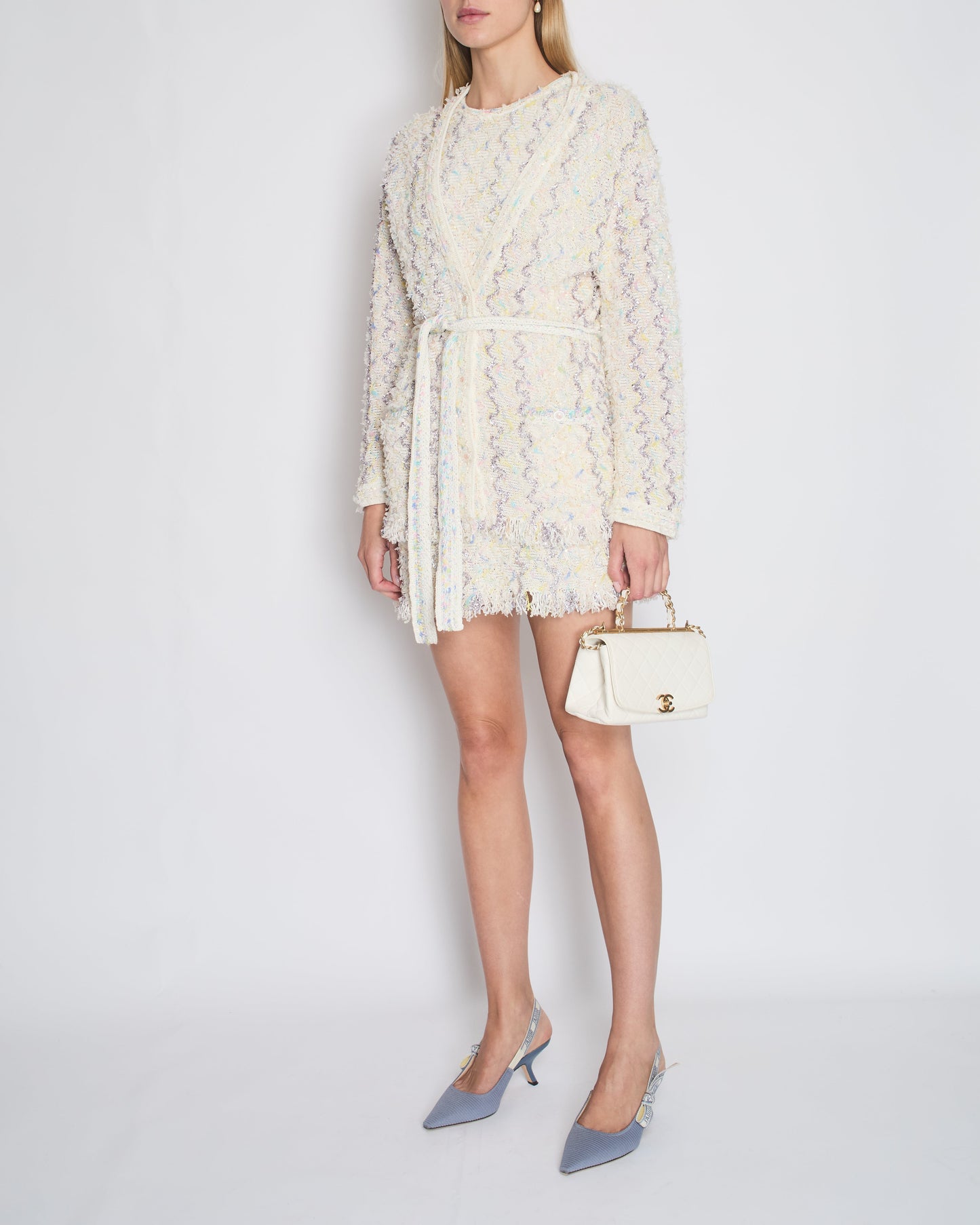 Chanel 24C Cream Long Line Belted igan with Metallic & Multi-Colour Threads and Sequins Detail Size FR 36 (UK 8)