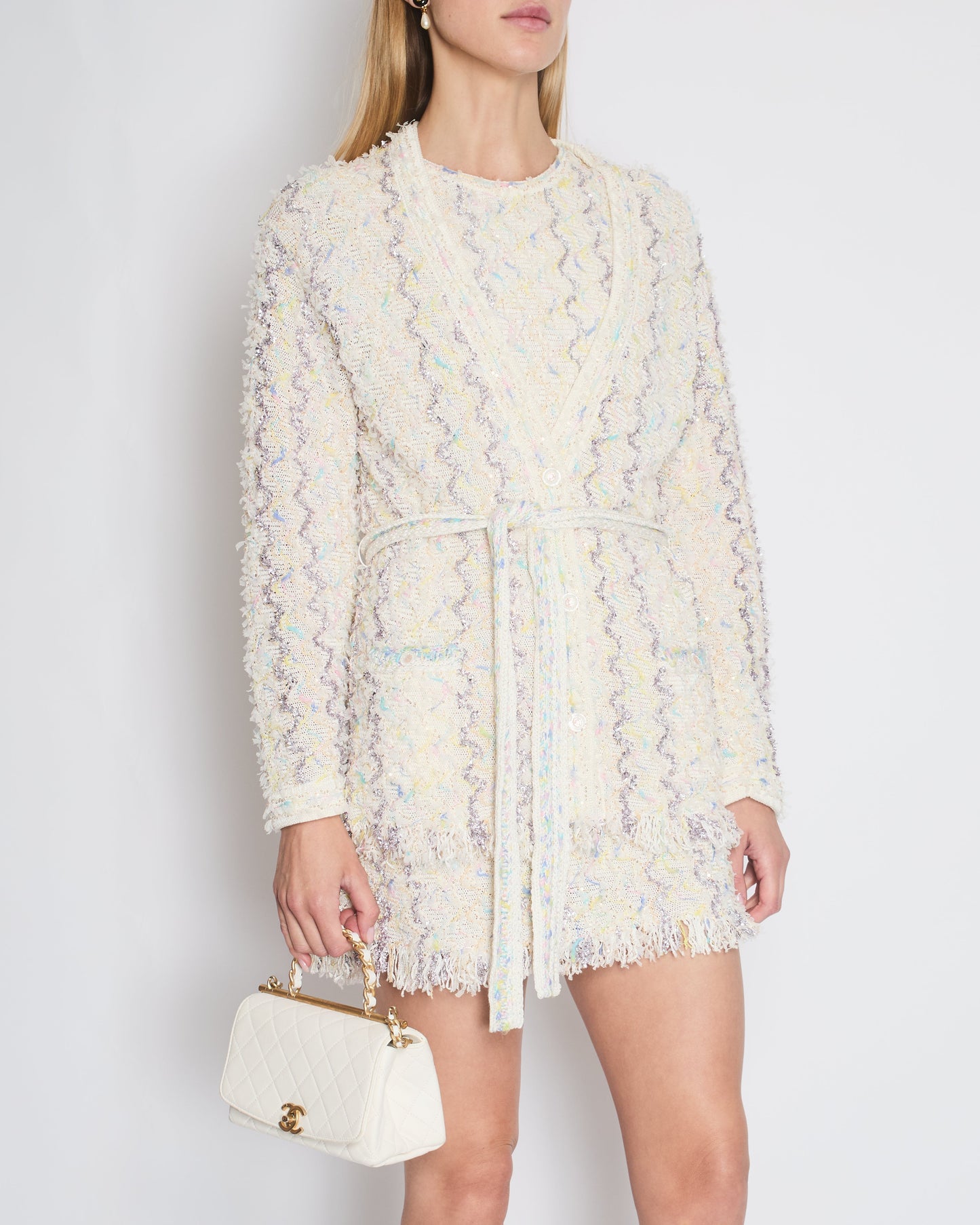 Chanel 24C Cream Long Line Belted igan with Metallic & Multi-Colour Threads and Sequins Detail Size FR 36 (UK 8)