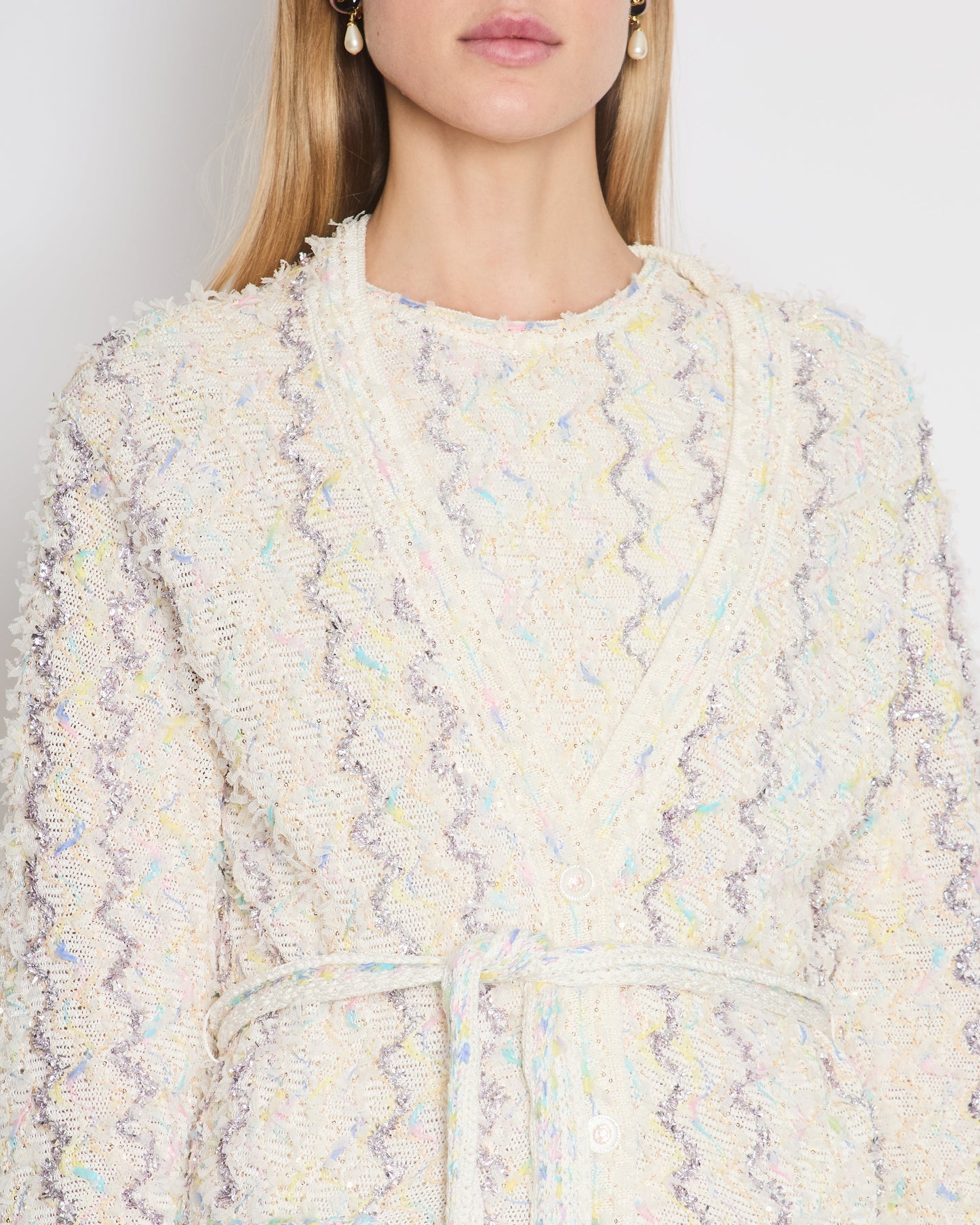 Chanel 24C Cream Long Line Belted igan with Metallic & Multi-Colour Threads and Sequins Detail Size FR 36 (UK 8)