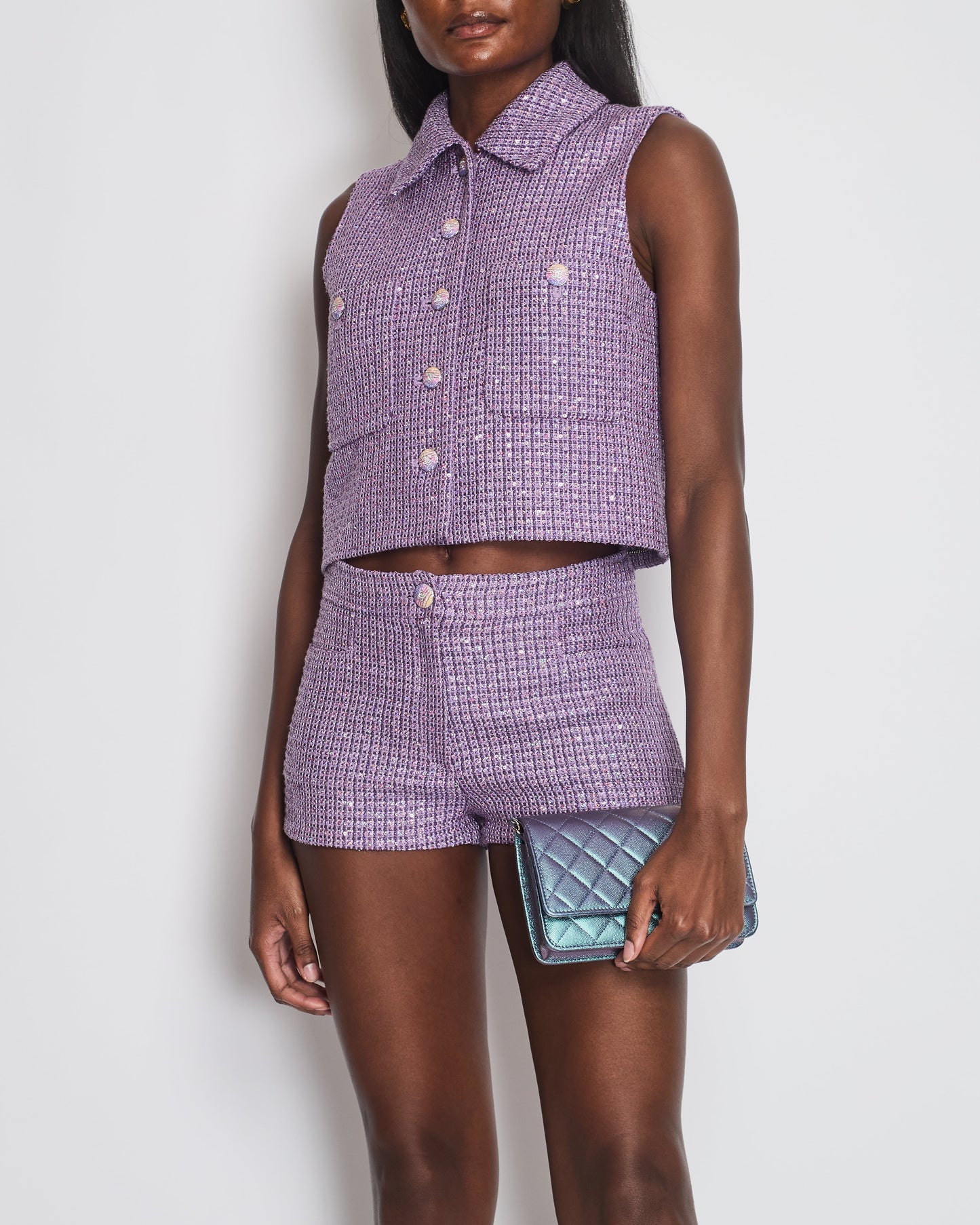 *RUNWAY* Chanel 24C Lilac Sequin Tweed Shorts with CC Buttons Detail Size FR 36 (UK 8)