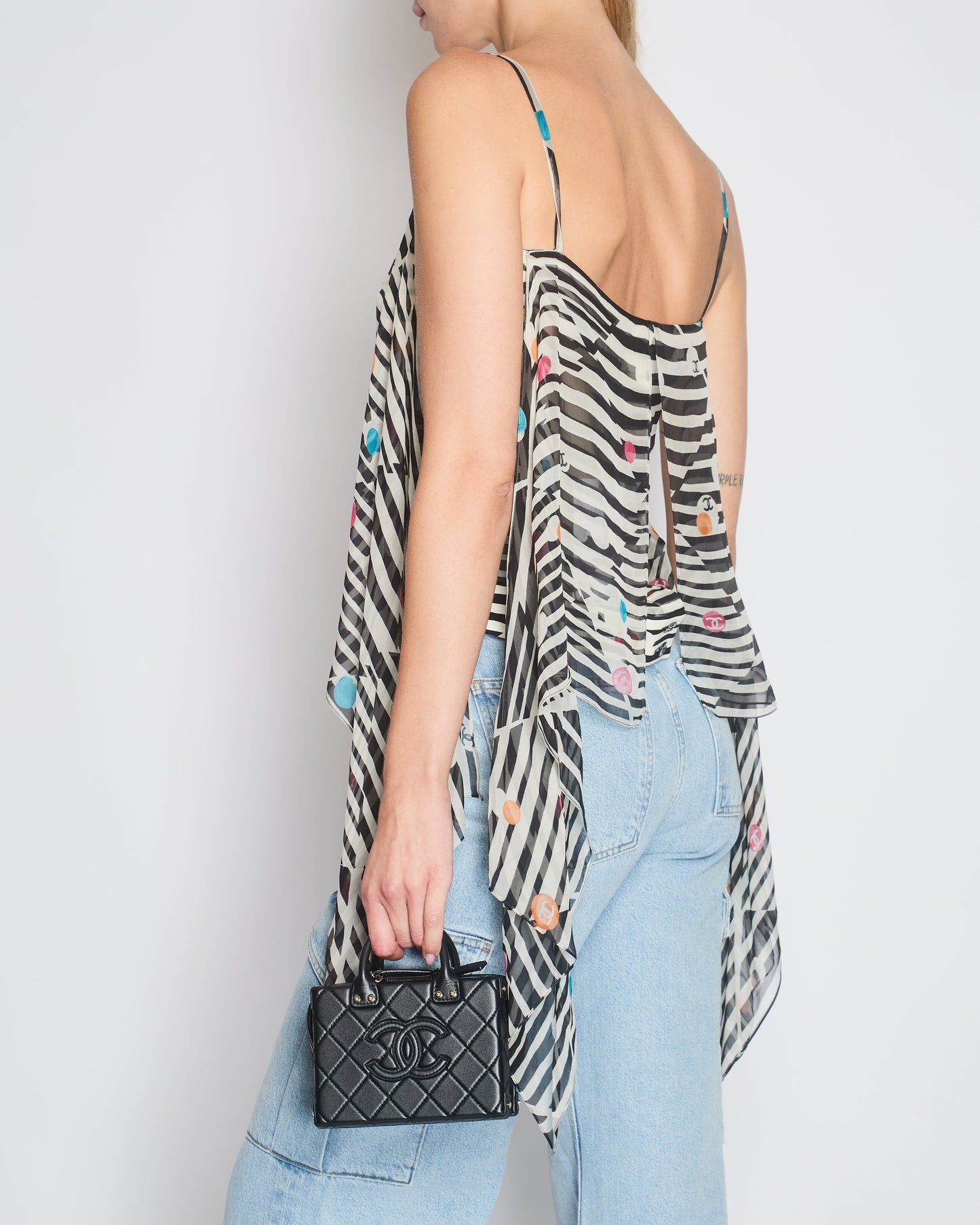 Chanel 24C Black & White Striped Sleeveless Shirt with Polka Dot Details FR 36 (UK 8)