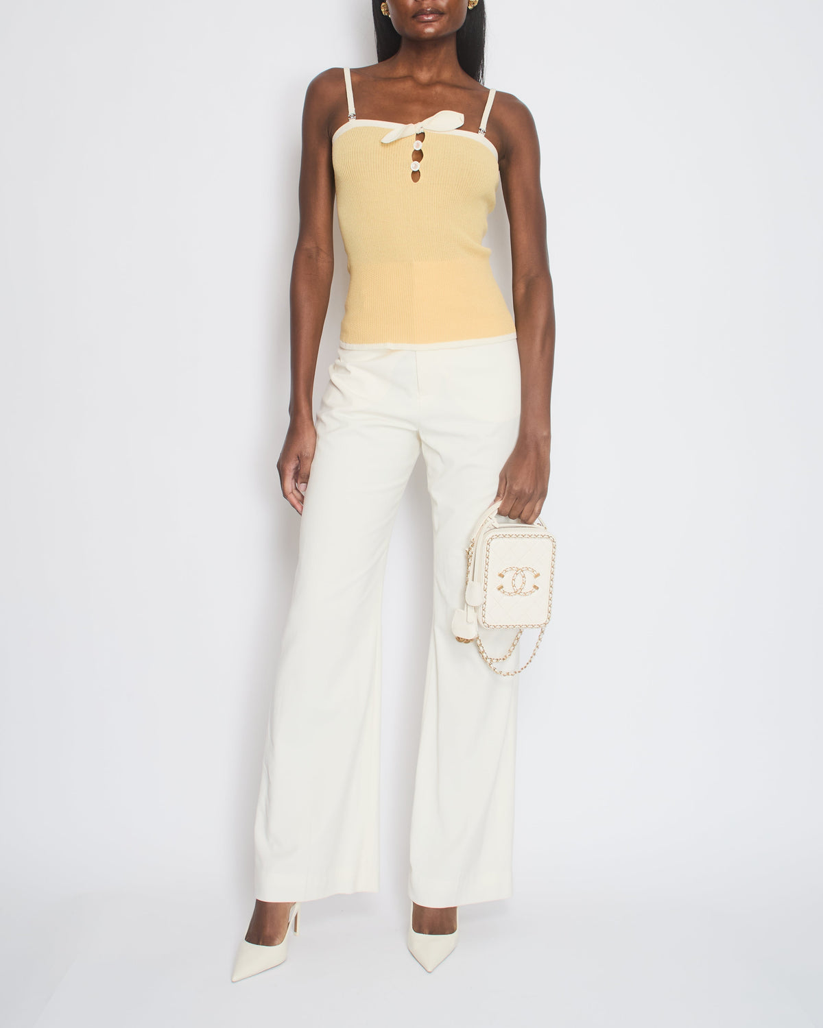 Chanel Pastel Yellow Fine Knit Vest Top with Cream Trim, Bow and Crystal CC Detail FR 38 (UK 10)