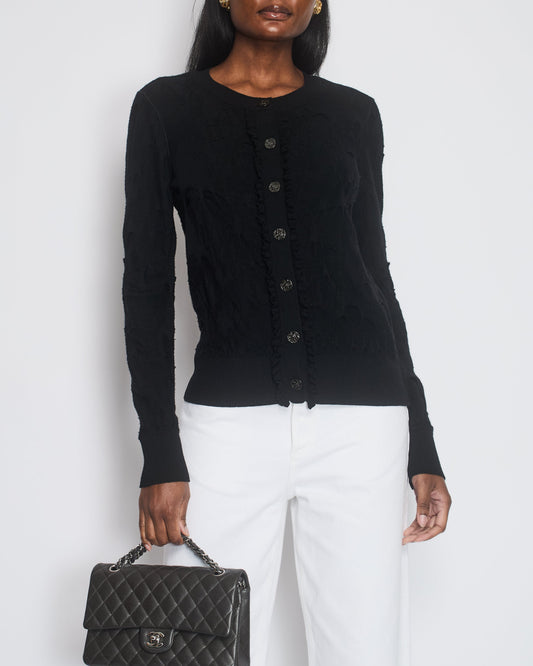 Chanel Black Knitted Button Down igan with Ruched Trim Size FR 40 (UK 12)