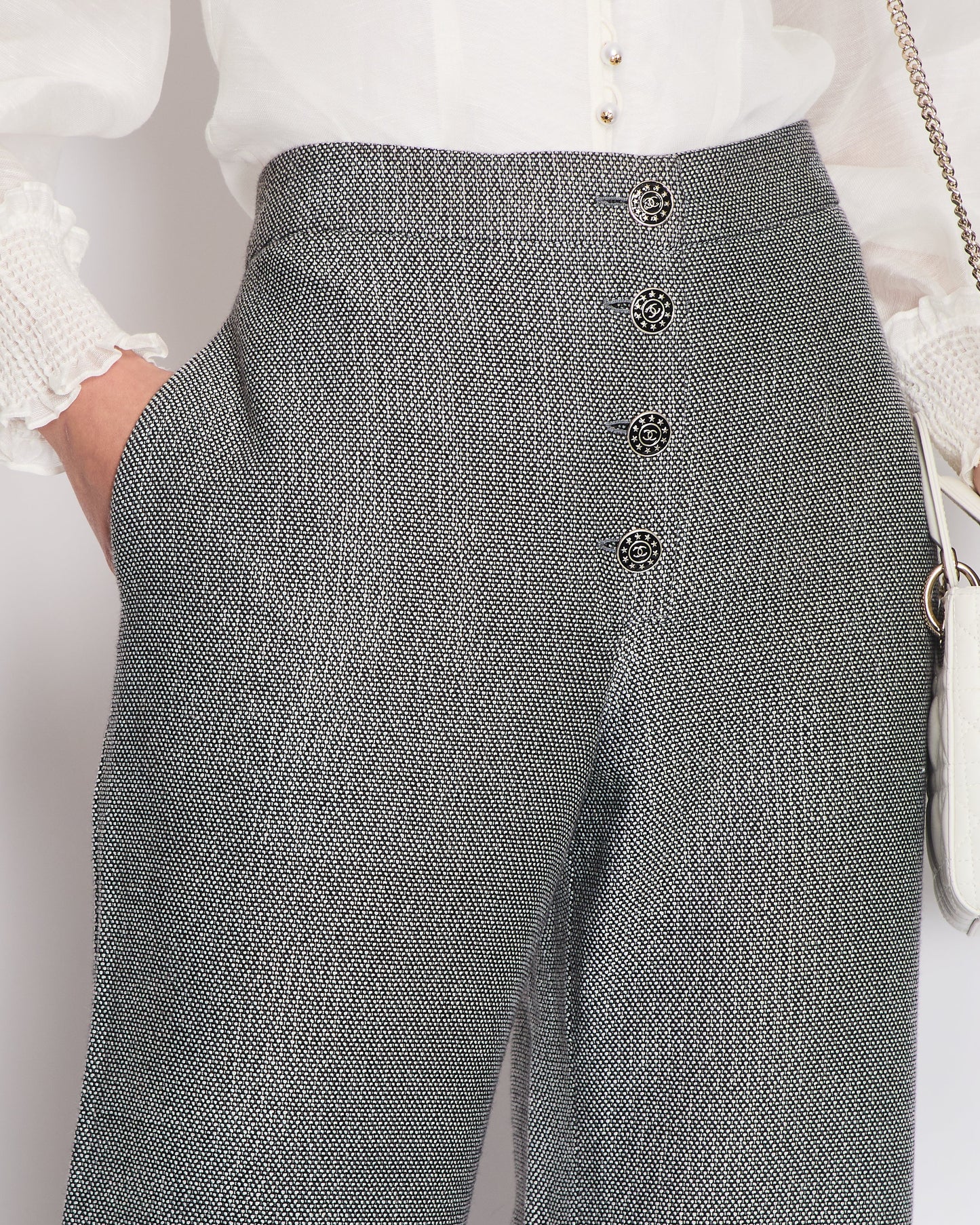 Chanel Grey Houndstooth Wide Leg Trousers with CC Logo Button Details Size FR 42 (UK 14)