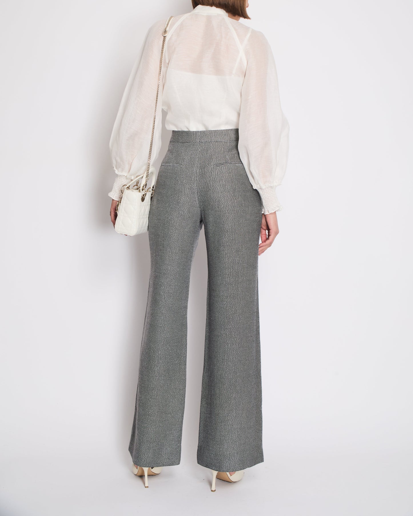 Chanel Grey Houndstooth Wide Leg Trousers with CC Logo Button Details Size FR 42 (UK 14)