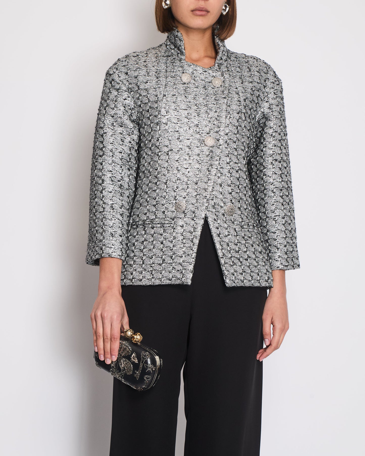 Chanel Black & Silver Metallic Tweed Jacket with CC Button Details Size FR 40 (UK 12)