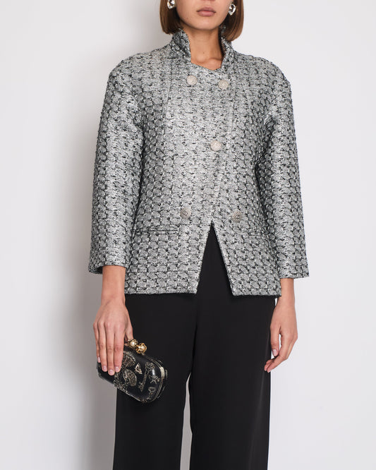 Chanel Black & Silver Metallic Tweed Jacket with CC Button Details Size FR 40 (UK 12)