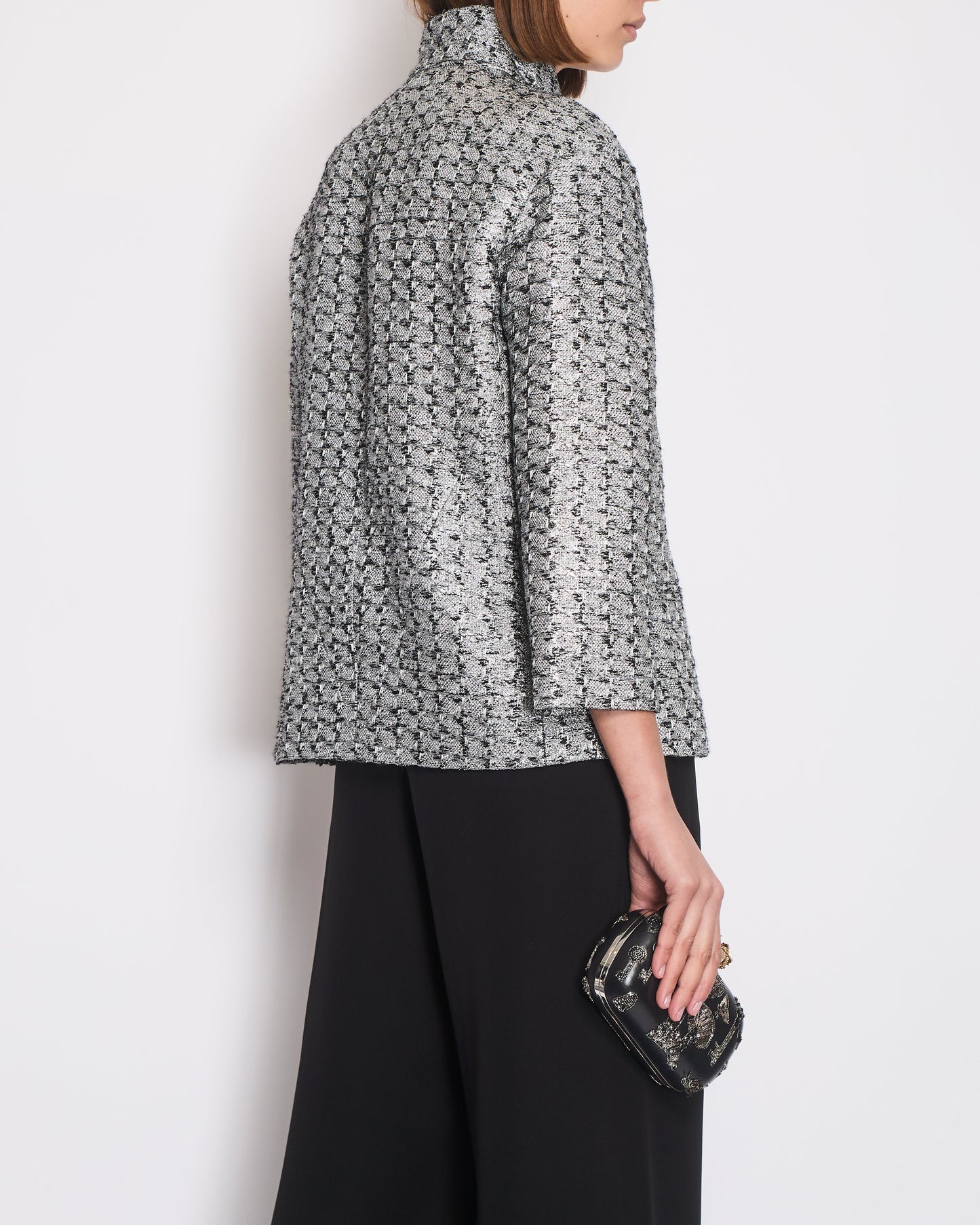 Chanel Black & Silver Metallic Tweed Jacket with CC Button Details Size FR 40 (UK 12)