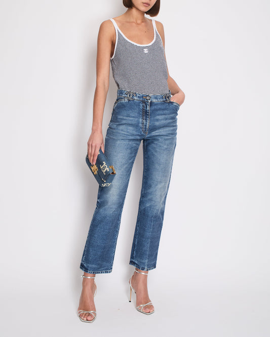 *HOT* Chanel Printed Straight Leg Jeans with CC Belt Holes Detail Size FR 36 (UK 8)