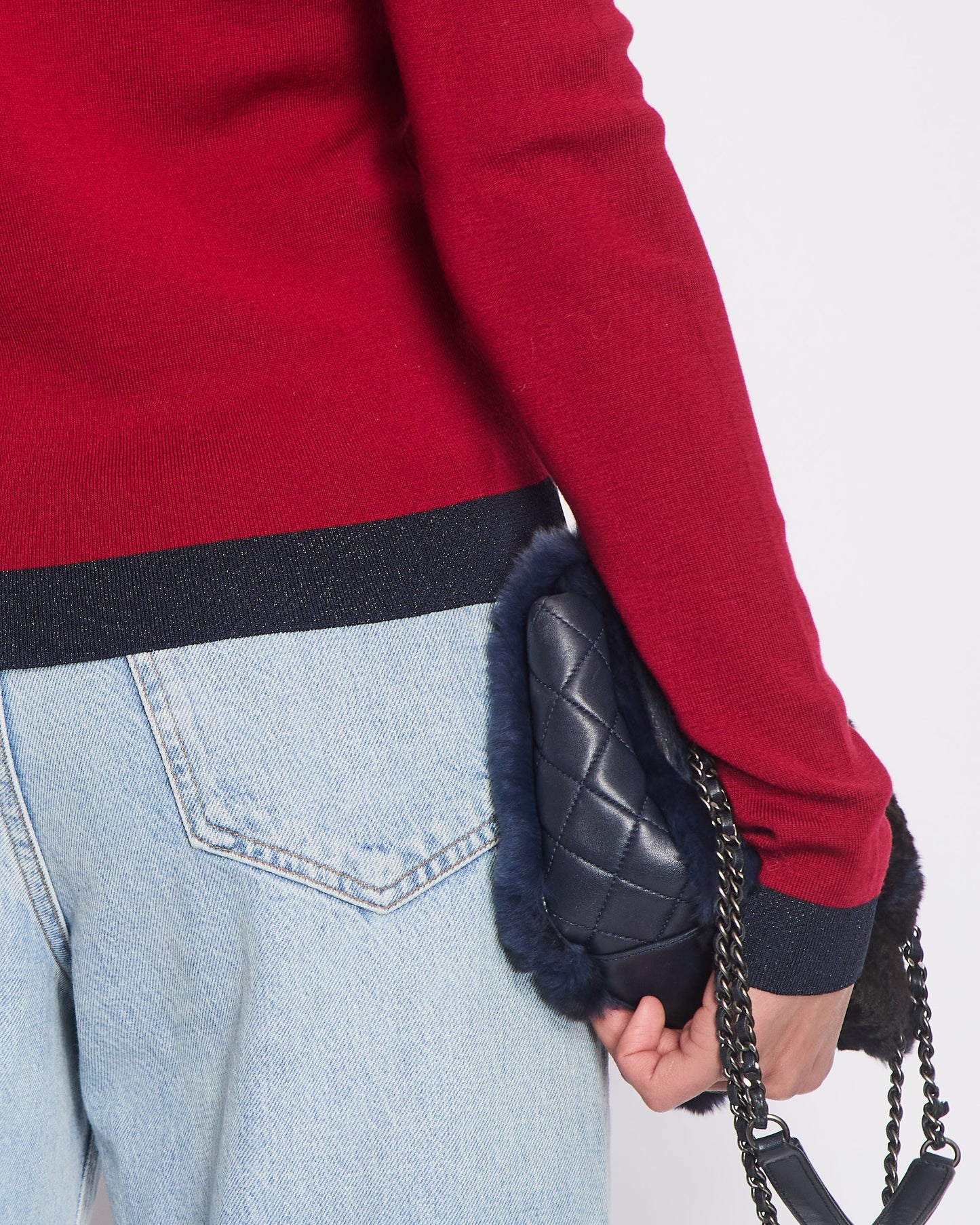 Chanel Deep Red Hooded Knit Jumper with Navy Trim and Small Patch Pocket Detail Size FR 40 (UK 12)