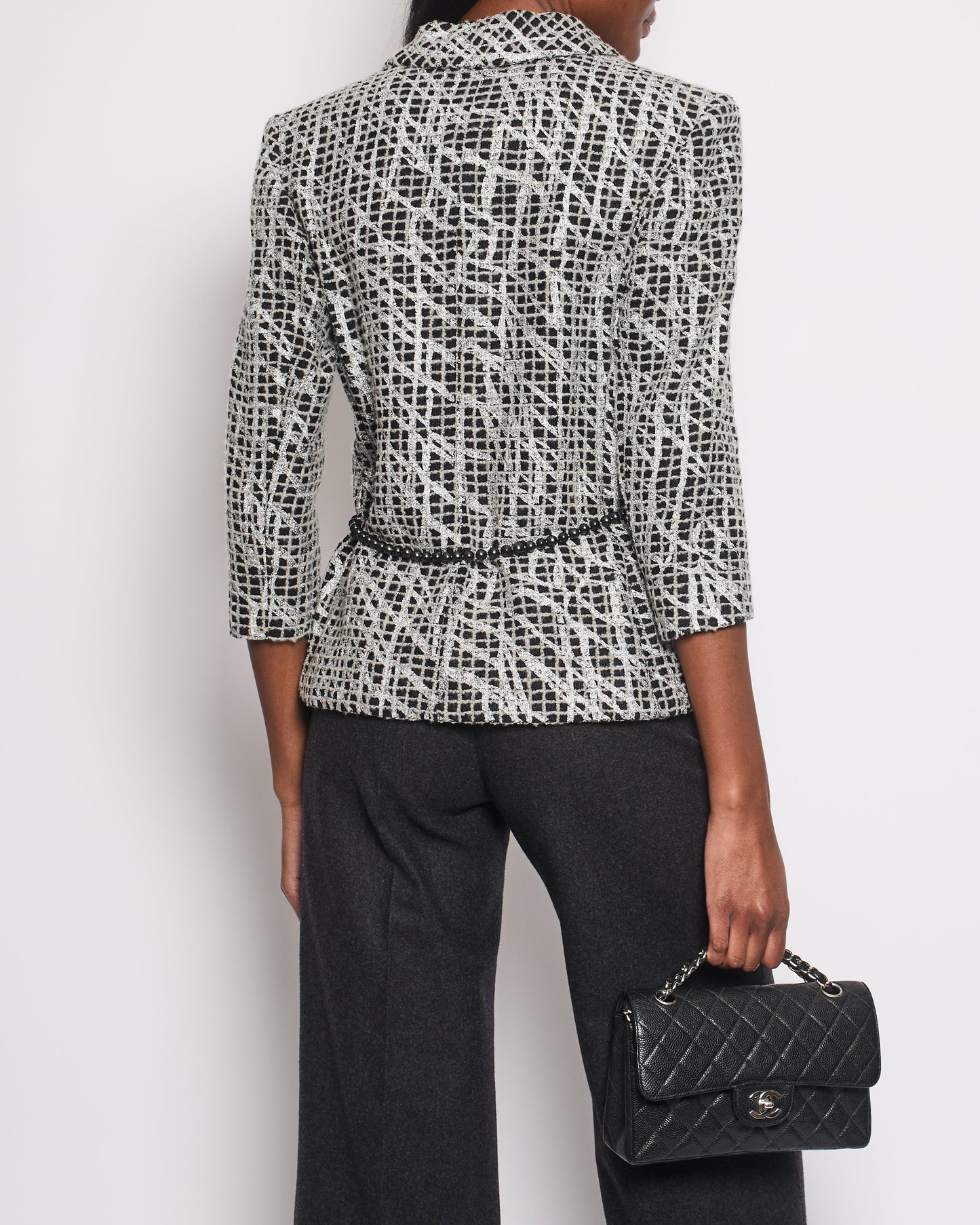 Chanel Black and Silver Metallic Tweed Jacket with CC Buttons and Removable Pearl Detail Size FR 38 (UK 10)