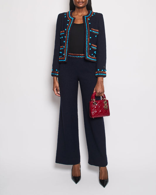 Chanel for Bergdorf Newman AW/97 Navy Boucle Cropped Jacket with Matching Trousers Size FR 36 (UK 8)