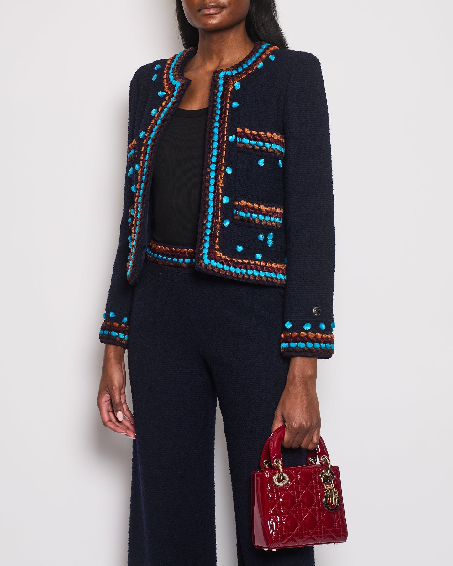 Chanel for Bergdorf Newman AW/97 Navy Boucle Cropped Jacket with Matching Trousers Size FR 36 (UK 8)