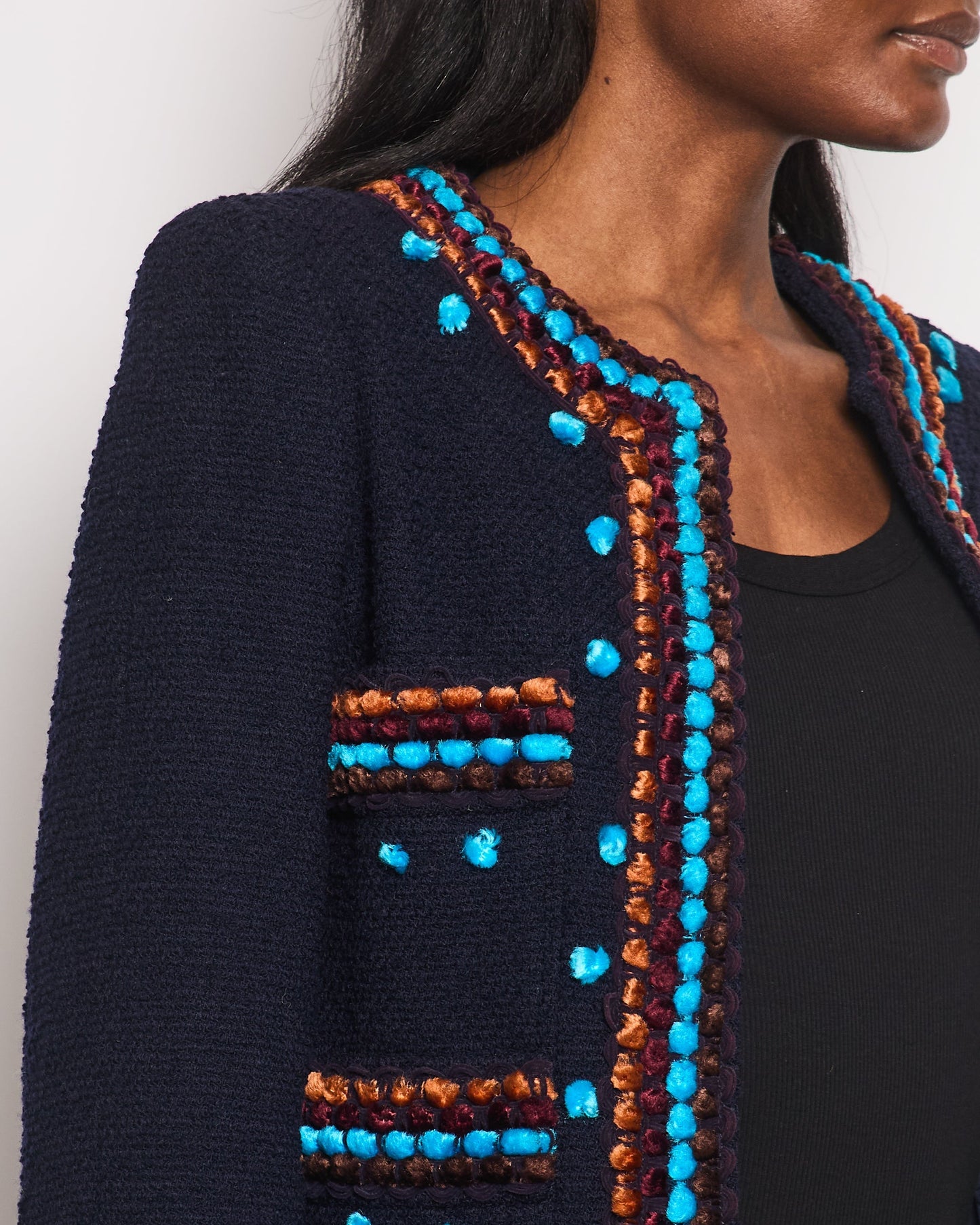 Chanel for Bergdorf Newman AW/97 Navy Boucle Cropped Jacket with Matching Trousers Size FR 36 (UK 8)