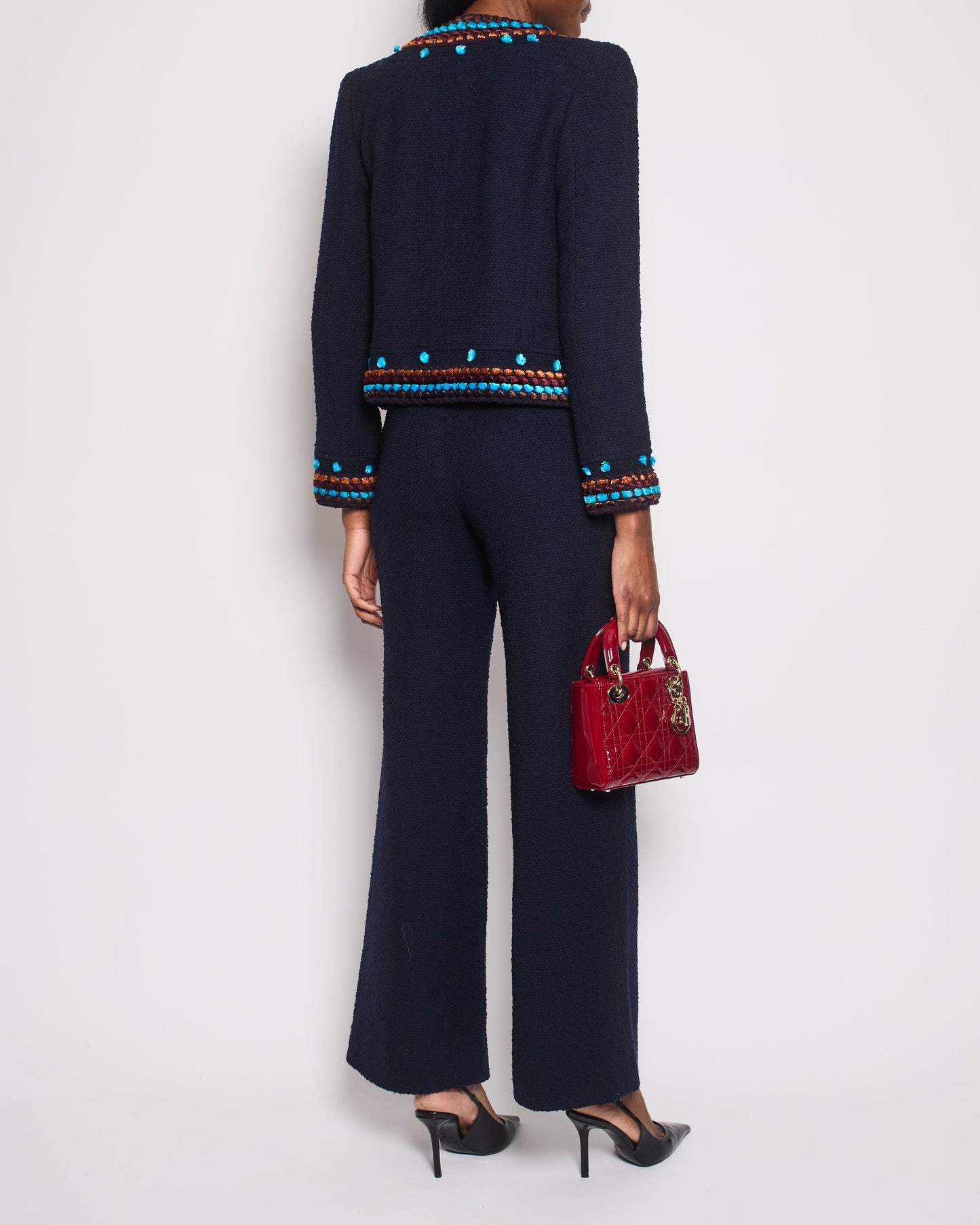 Chanel for Bergdorf Newman AW/97 Navy Boucle Cropped Jacket with Matching Trousers Size FR 36 (UK 8)
