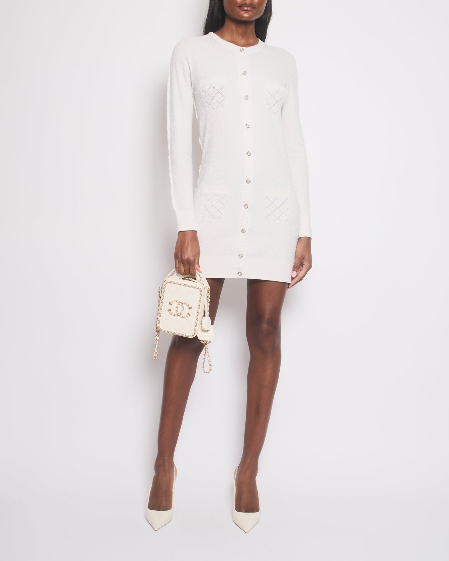 *HOT* Chanel 22A Ivory Long-Line Cashmere igan with Crystal CC Buttons Detail Size FR 38 (UK 10)