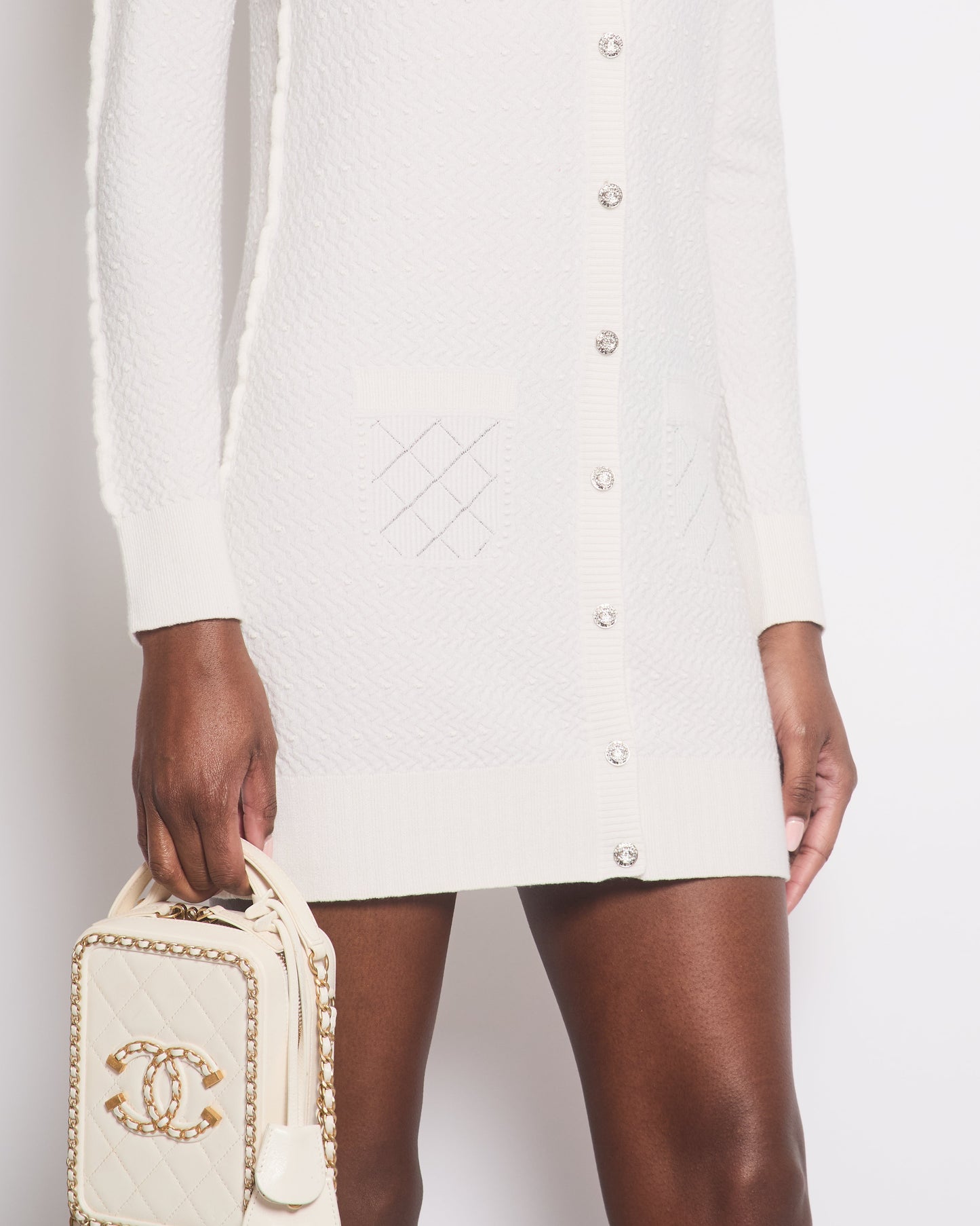 *HOT* Chanel 22A Ivory Long-Line Cashmere igan with Crystal CC Buttons Detail Size FR 38 (UK 10)