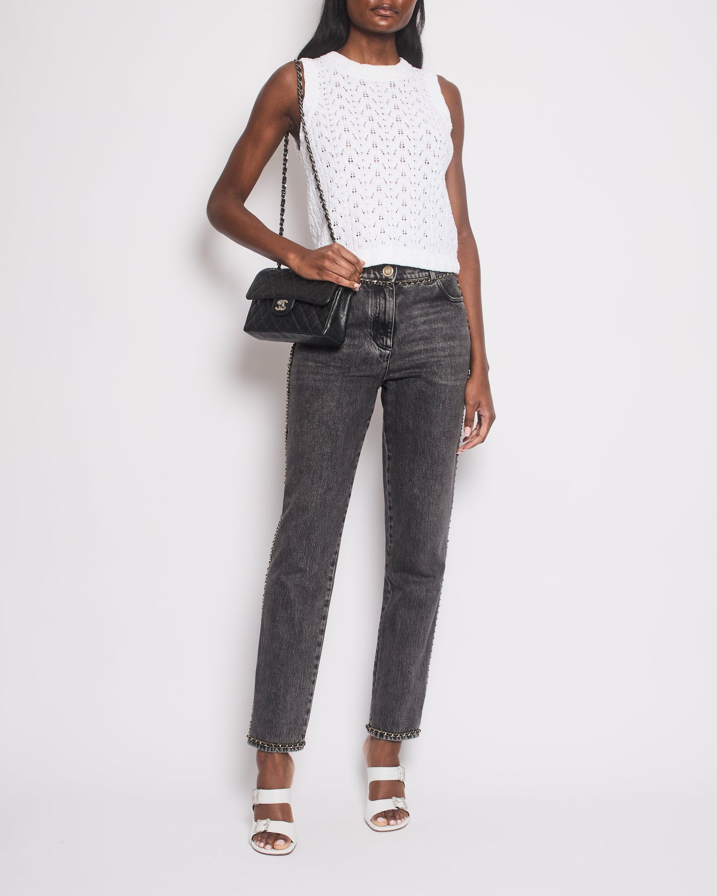 *HOT* Chanel 23N Coco Neige Washed Black Printed Straight Leg Jeans with Gold Chain Trim & CC Pocket Details Size FR 36 (UK 8) RRP ¬£3,250