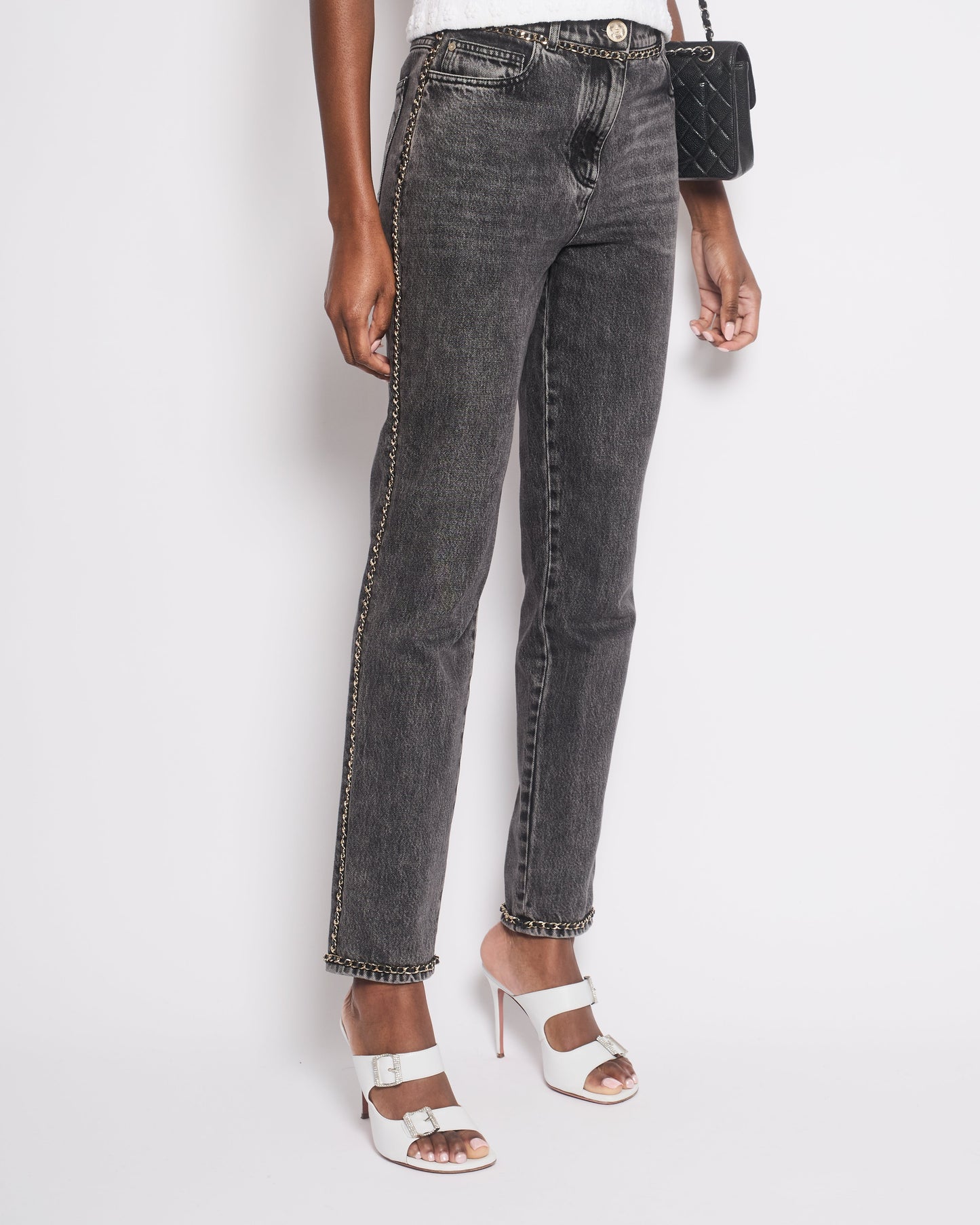 *HOT* Chanel 23N Coco Neige Washed Black Printed Straight Leg Jeans with Gold Chain Trim & CC Pocket Details Size FR 36 (UK 8) RRP ¬£3,250