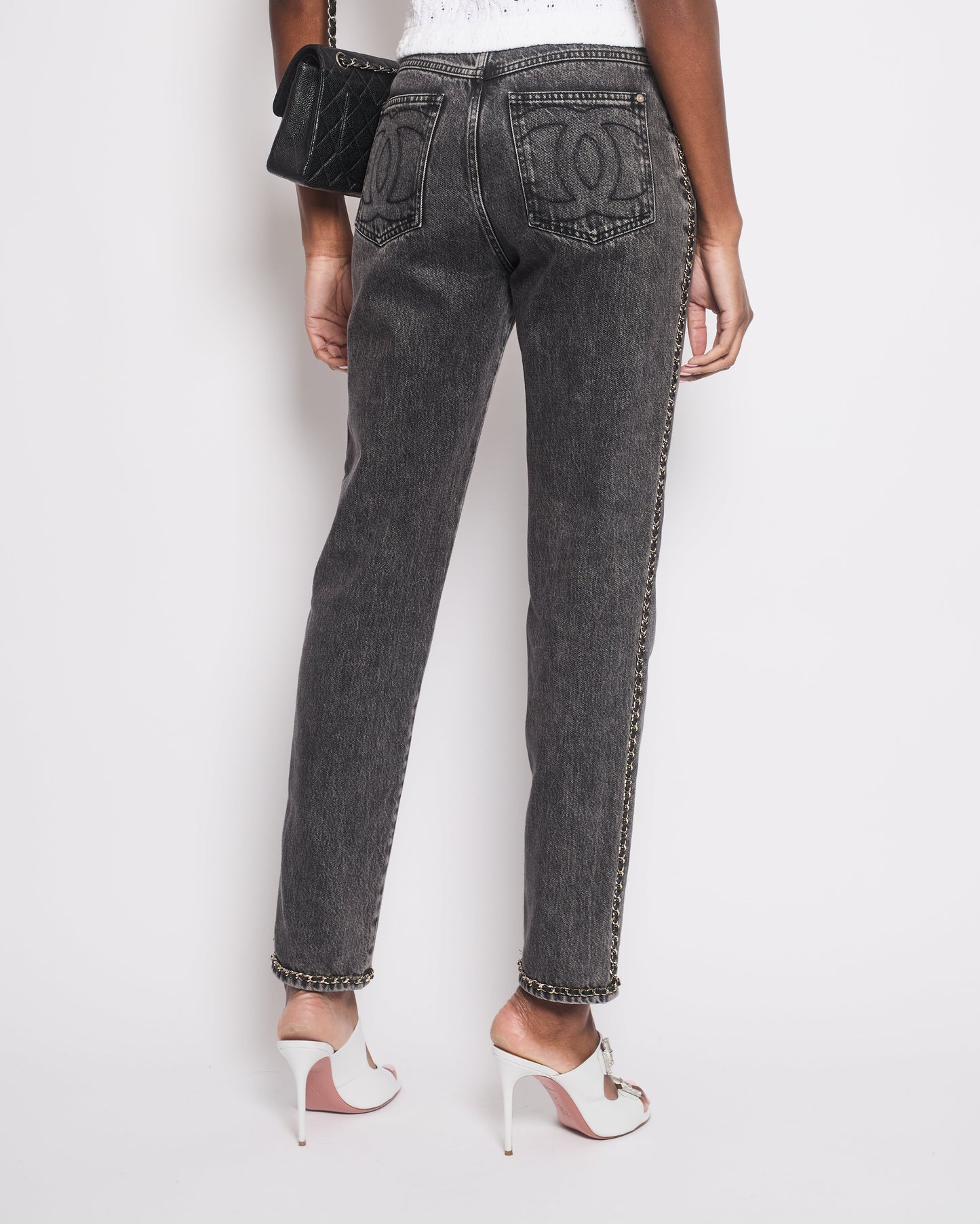 *HOT* Chanel 23N Coco Neige Washed Black Printed Straight Leg Jeans with Gold Chain Trim & CC Pocket Details Size FR 36 (UK 8) RRP ¬£3,250