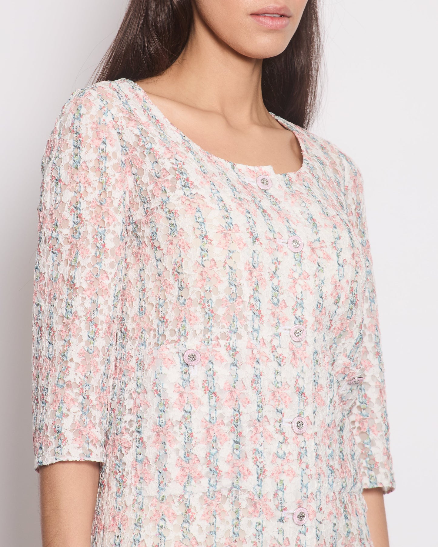 Chanel 23C Pink & White 3/4 Sleeve Dress with Floral Lace Detail & Crystal Buttons Size FR 34 (UK 6) RRP ¬£5700
