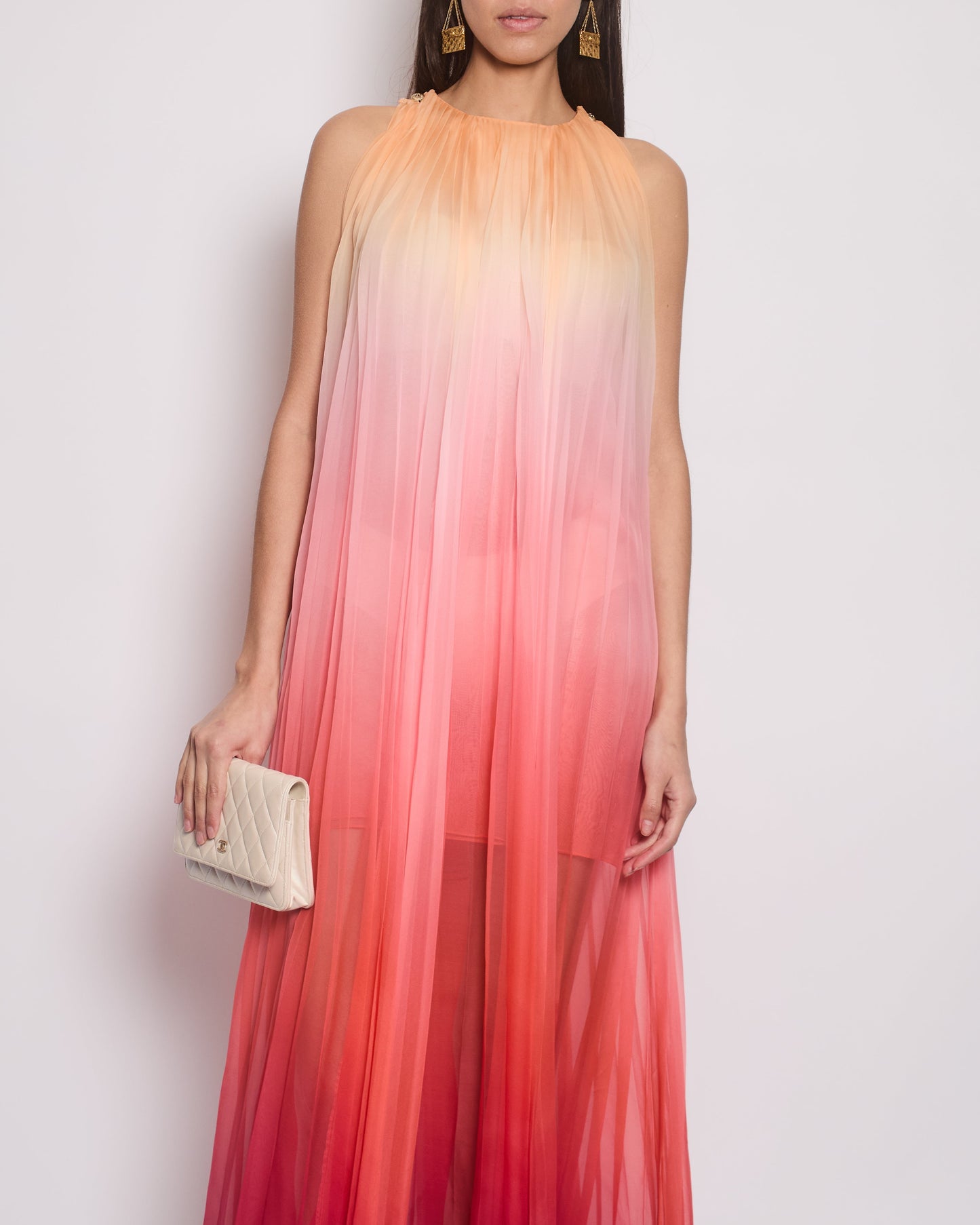 Chanel 20A Ombre Pink, Peach and Orange Silk Pleated Sleeveless Midi Dress Size FR 34 (UK 6) RRP ¬£5,500