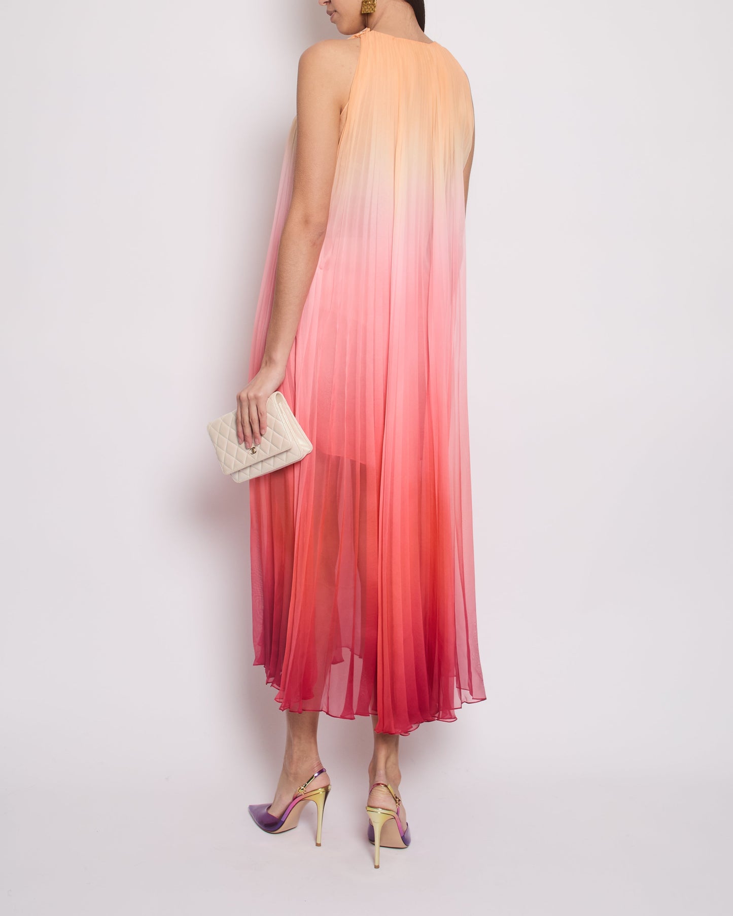 Chanel 20A Ombre Pink, Peach and Orange Silk Pleated Sleeveless Midi Dress Size FR 34 (UK 6) RRP ¬£5,500