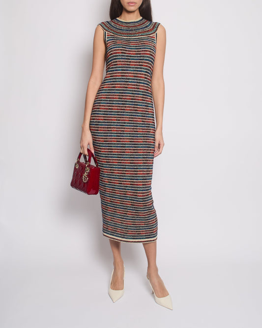*RARE* Chanel 19A Egypt Collection Metallic Gold, Red and Blue Sleeveless Knitted Midi Dress Size FR 34 (UK 6) RRP ¬£2,150