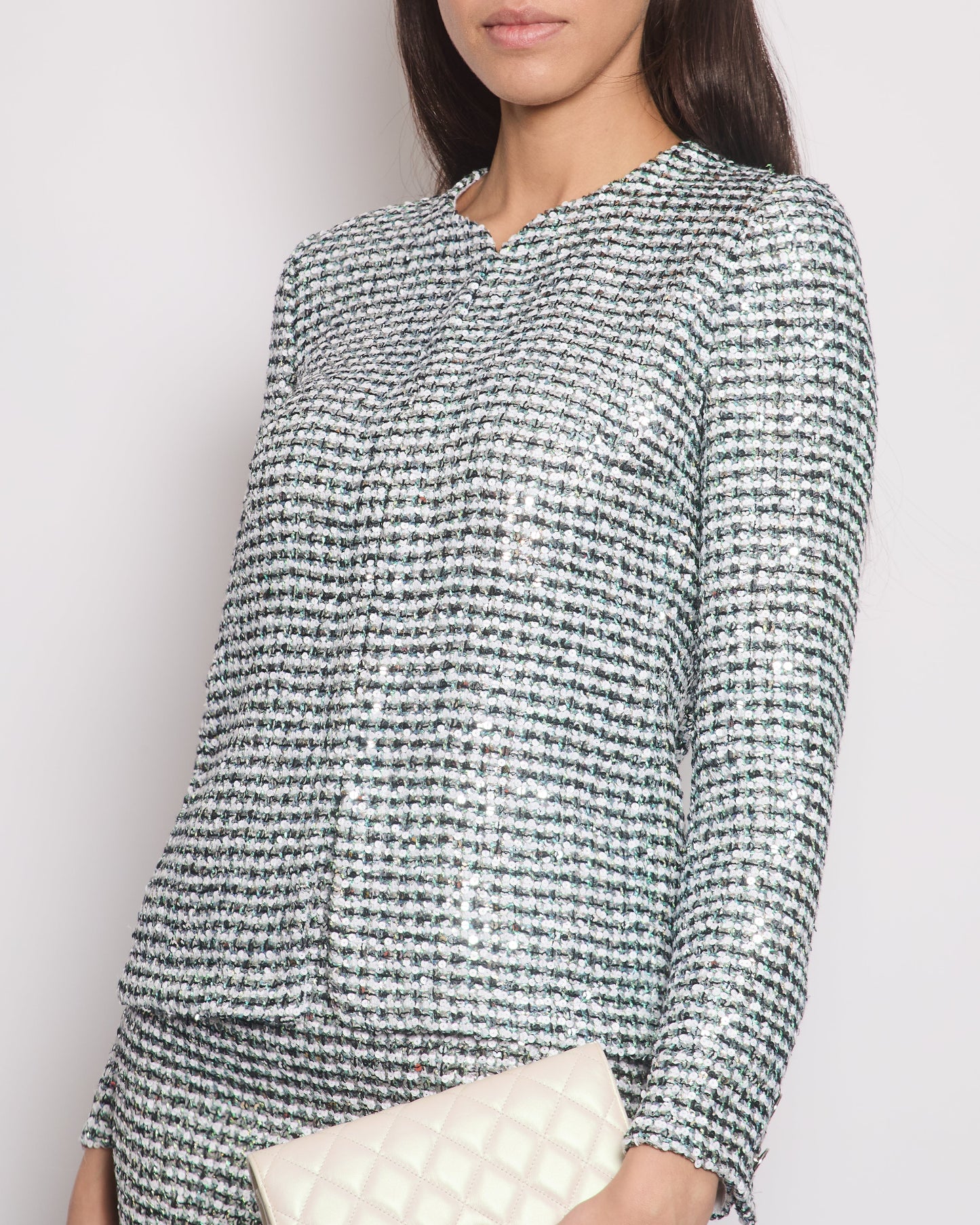 *HOT* Chanel 23P Black, White & Metallic Green Sequin Jacket and Skirt Set with CC Button Details Size FR 34/36 (UK 6/8) RRP Jacket ¬£6,500, RRP Skirt ¬£3,800