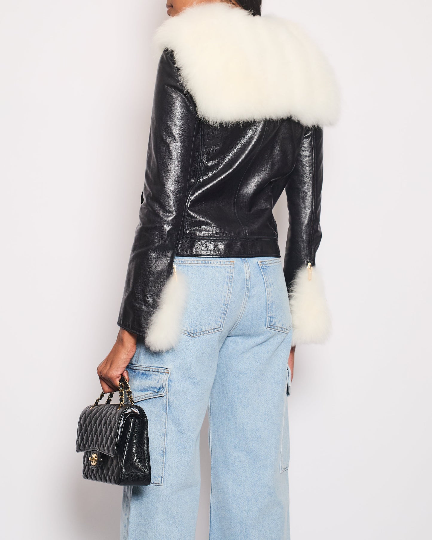 Chanel Black Leather Asymmetric Jacket with White Fur Details and Logo Buttons Detail Size FR 34 (UK 6)